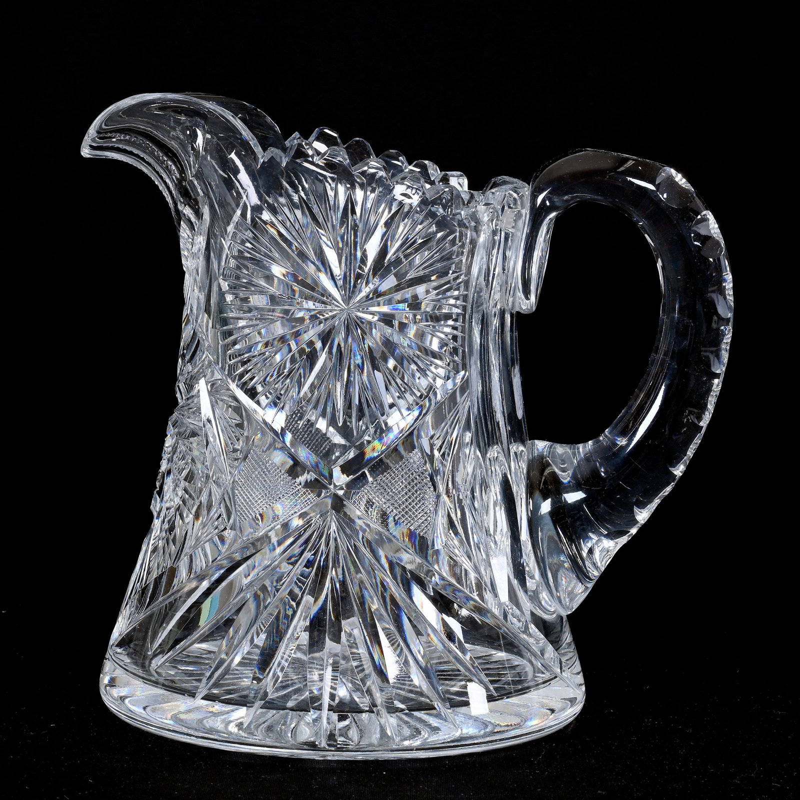 Pitcher, American Brilliant Cut Glass: Pitcher, American Brilliant Cut Glass, 8.25" x 8.5", Pinwheel, Star, Strawberry Diamond And Fan Motif, Double Notched Handle, Ray Cut Base, Pattern Chip, Illinois Private Collection.
