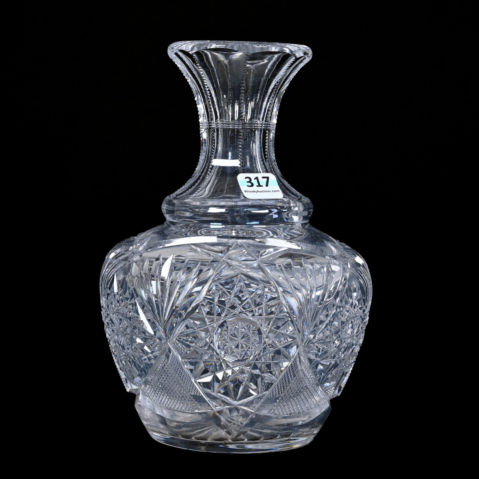 Carafe, American Brilliant Cut Glass: Carafe, American Brilliant Cut Glass, 8.25" x 5.75", Hobstar, Strawberry Diamond And Fan Motif, Nice Form, Ray Cut Base, Pattern Chips, Illinois Private Collection.