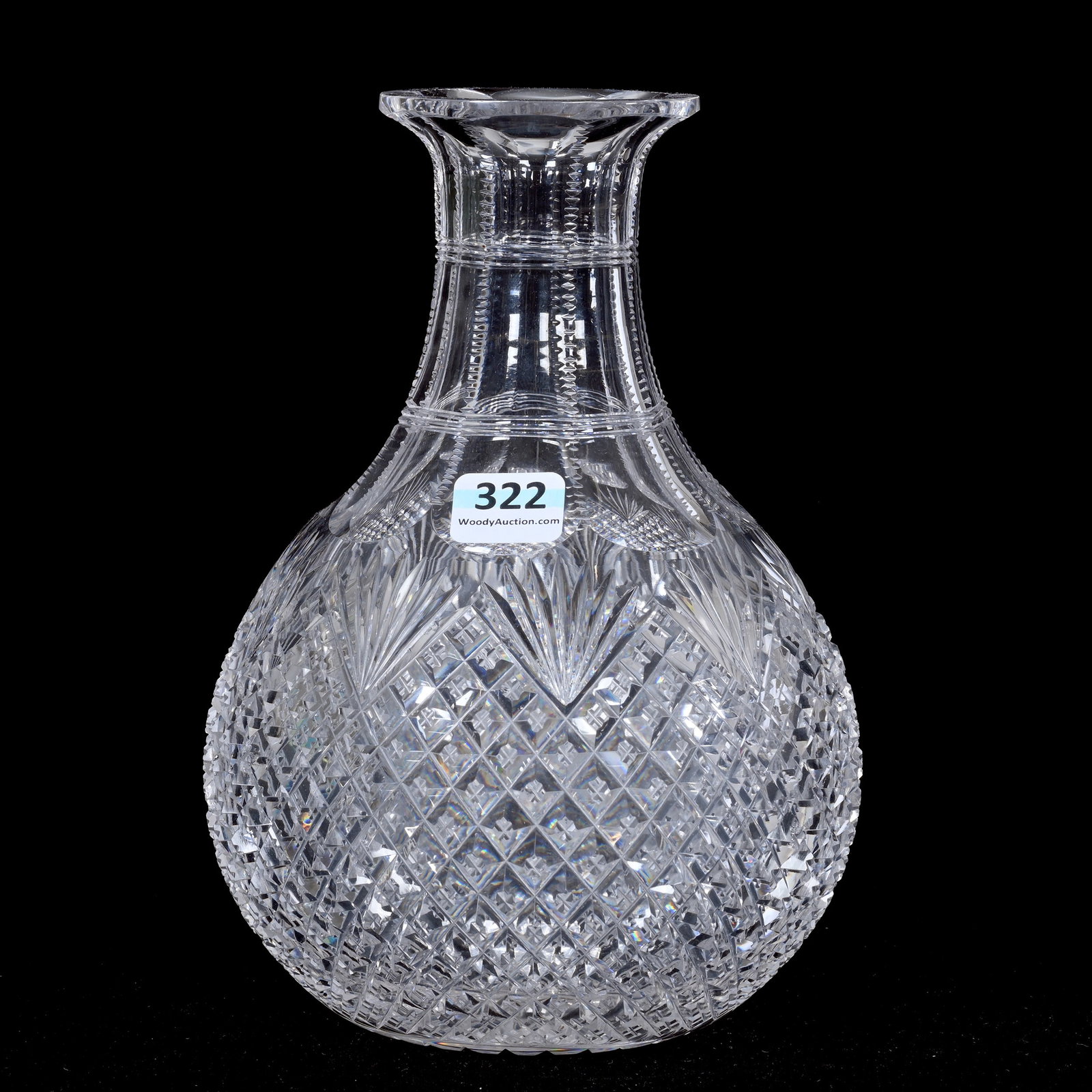 Carafe, American Brilliant Cut Glass: Carafe, American Brilliant Cut Glass, 7.75" x 5.25", Crosscut Diamond And Fan Motif, Ray Cut Base, Two Pattern Chips, Two Pattern Bruises, Illinois Private Collection.