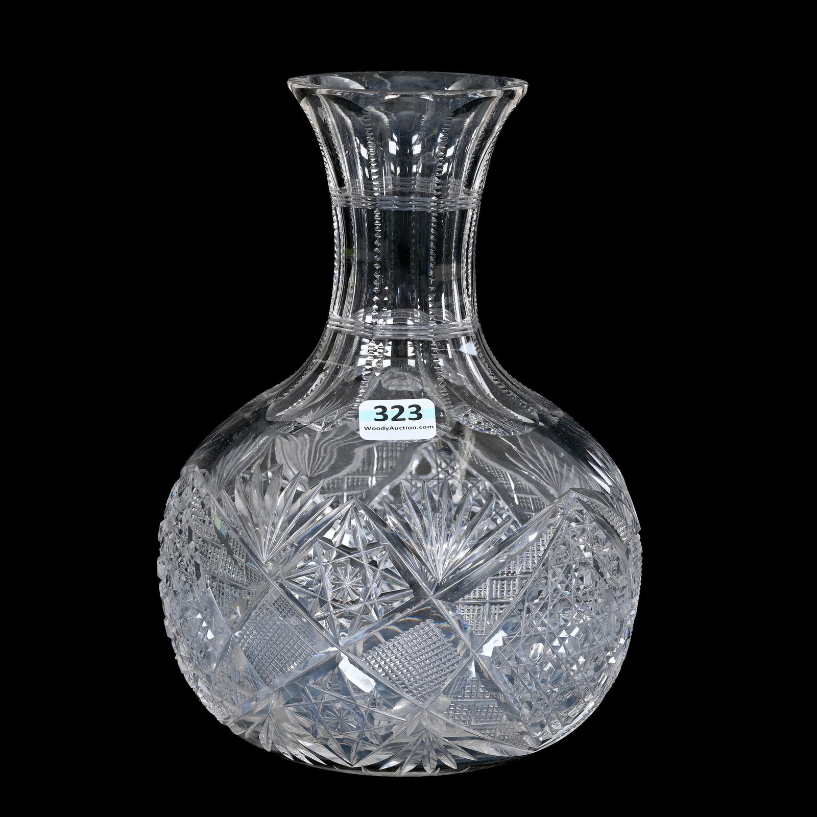 Carafe, American Brilliant Cut Glass: Carafe, American Brilliant Cut Glass, 8" x 5.25", Hobstar, Cane, Strawberry Diamond And Fan Motif, Ray Cut Base, Illinois Private Collection.