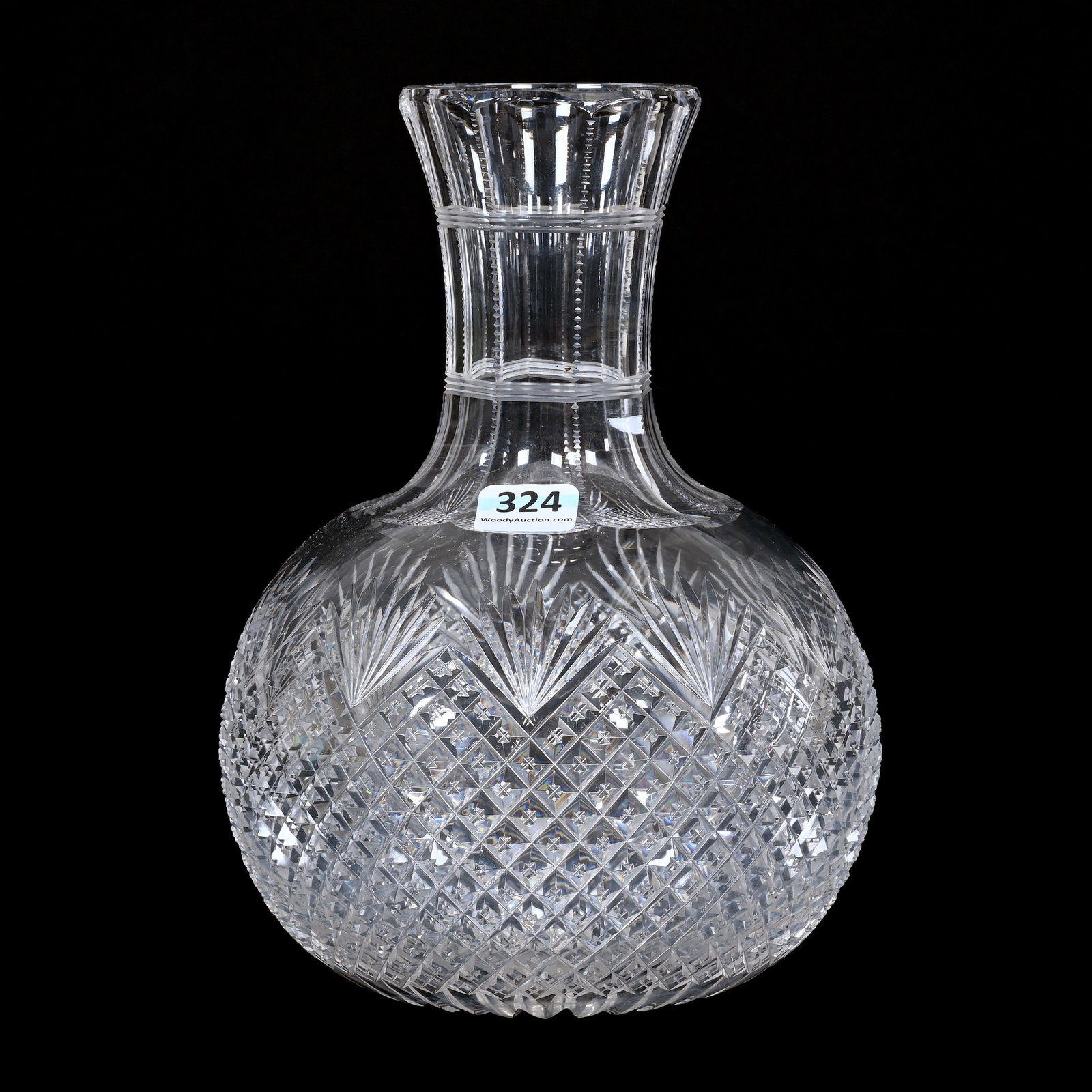 Carafe, American Brilliant Cut Glass: Carafe, American Brilliant Cut Glass, 8" x 5.75", Crosscut Diamond And Fan Motif, Ray Cut Base, Illinois Private Collection.