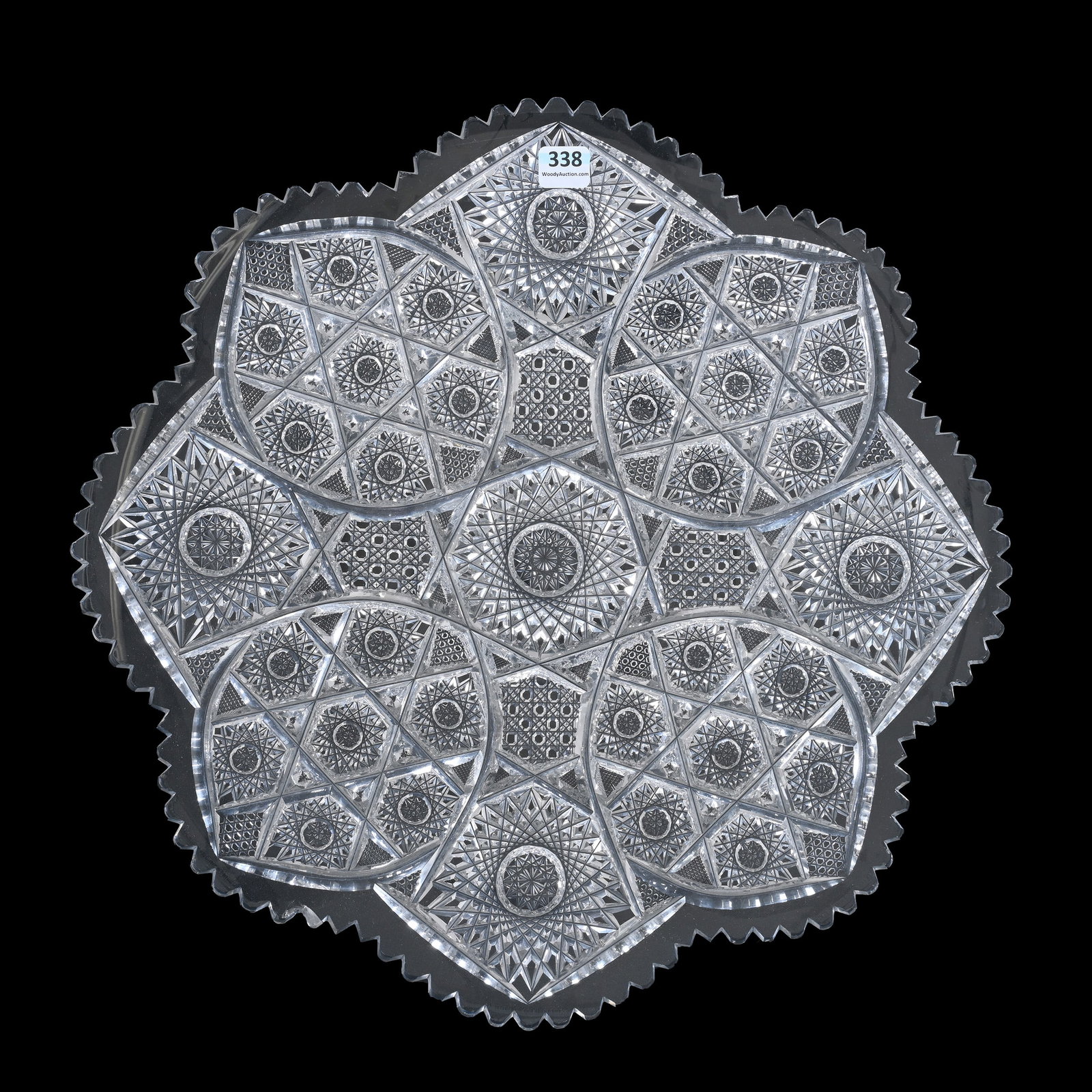 Round Tray, American Brilliant Cut Glass: Round Tray, American Brilliant Cut Glass, 15.5", Four Sections Of Hobstar, Cane And Hobstar Cluster Motif, One Serious Tooth Chip, Missouri Private Collection.
