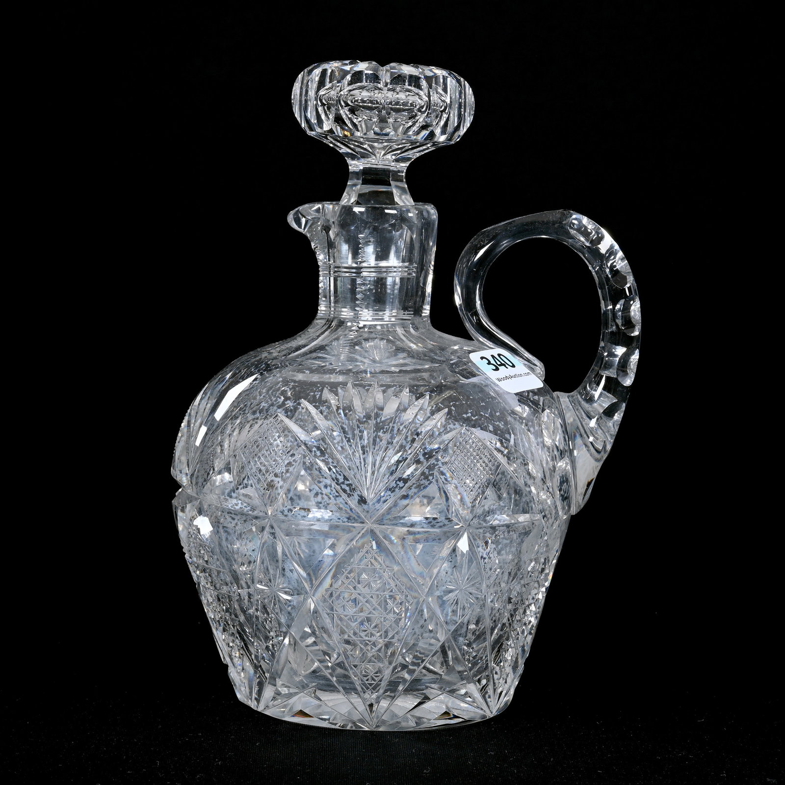 Whiskey Jug, ABCG, Signed Hawkes: Whiskey Jug, American Brilliant Cut Glass, Signed Hawkes, 7.25" x 5.25", Cane, Diamond, Strawberry Diamond, Star And Fan Motif, Signed Hawkes Stopper, Ray Cut Base, Cloudy Interior Needs Cleaned, Base
