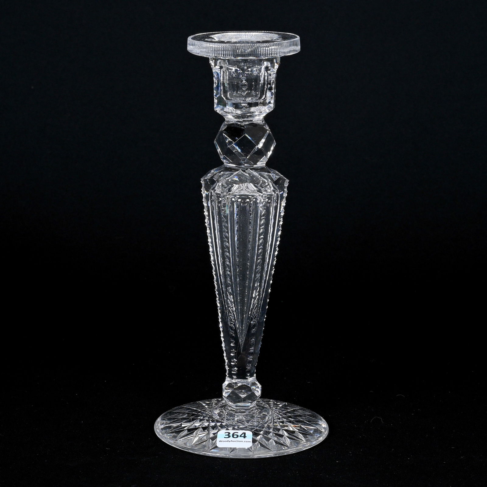 Single Candlestick, American Brilliant Cut Glass: Single Candlestick, American Brilliant Cut Glass, 10.25" x 4.5", Six-Sided Notched Airtrap Stem, Hobstar Foot, Quality Blank, Indiana Private Collection.