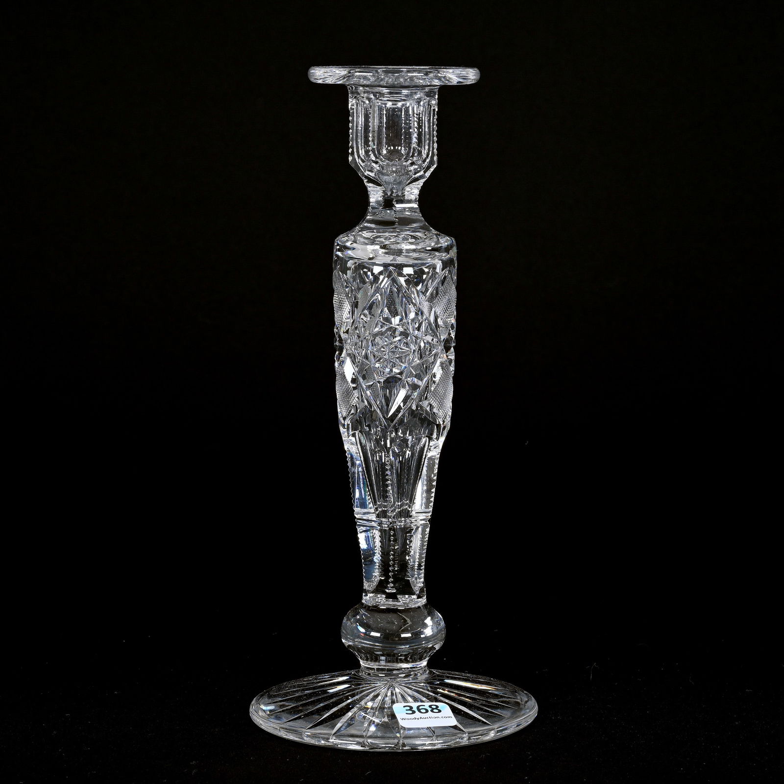 Single Candlestick, American Brilliant Cut Glass: Single Candlestick, American Brilliant Cut Glass, 10" x 4.25", Hobstar And Strawberry Diamond Motif, Ray Cut Foot, Similar To Lot #367, Indiana Private Collection.