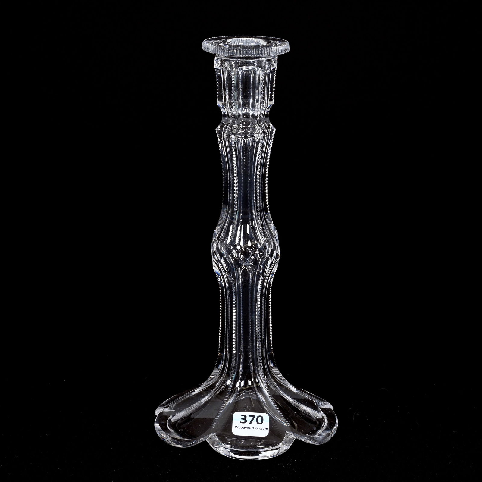 Single Candlestick, American Brilliant Cut Glass: Single Candlestick, American Brilliant Cut Glass, 9.5" x 4.5", Six-Sided, Hollow Stem, Notched Highlights, Extra Clear Blank, Indiana Private Collection.