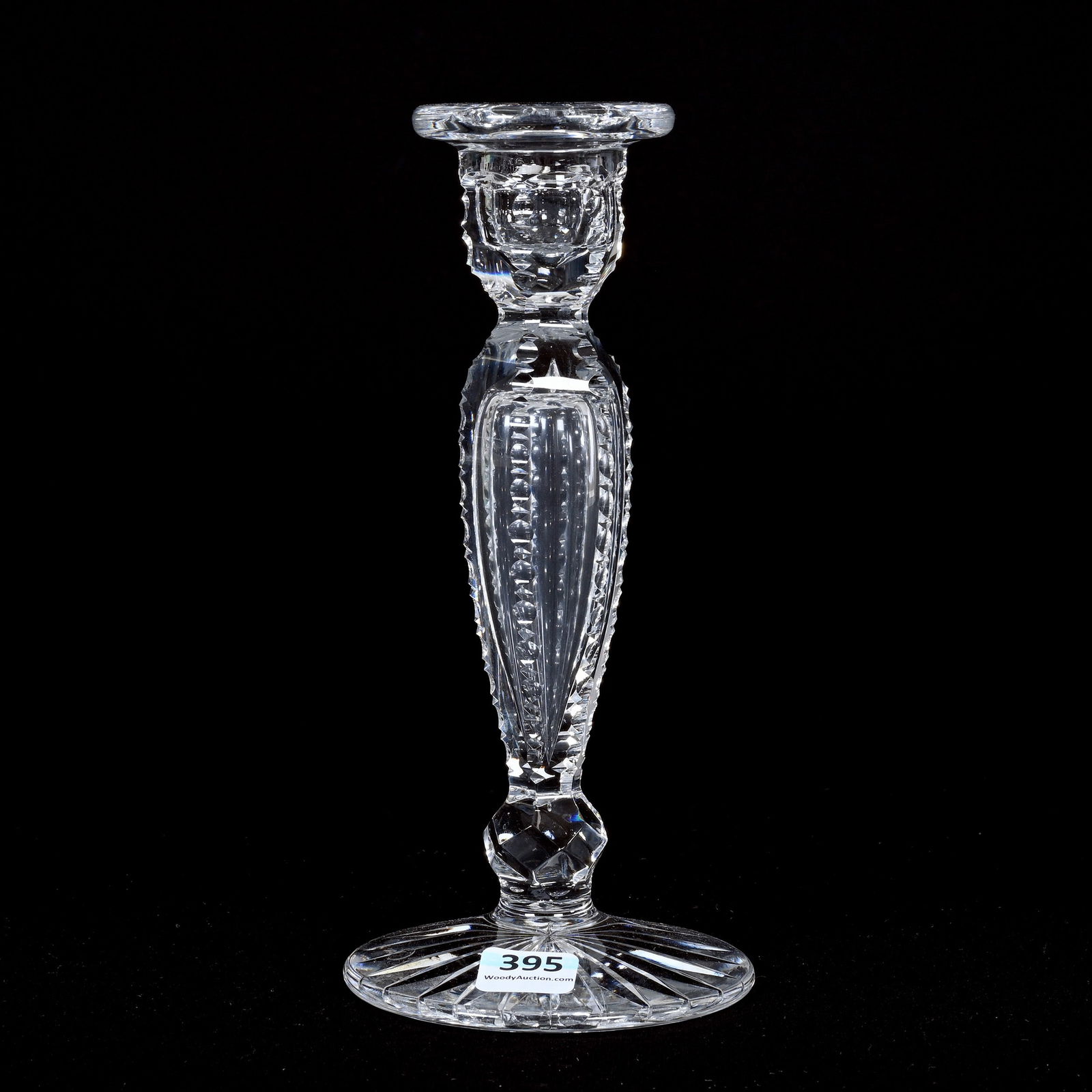 Single Candlestick, American Brilliant Cut Glass: Single Candlestick, American Brilliant Cut Glass, 8" x 3.75", Notched Teardrop Stem, Ray Cut Foot, Indiana Private Collection.