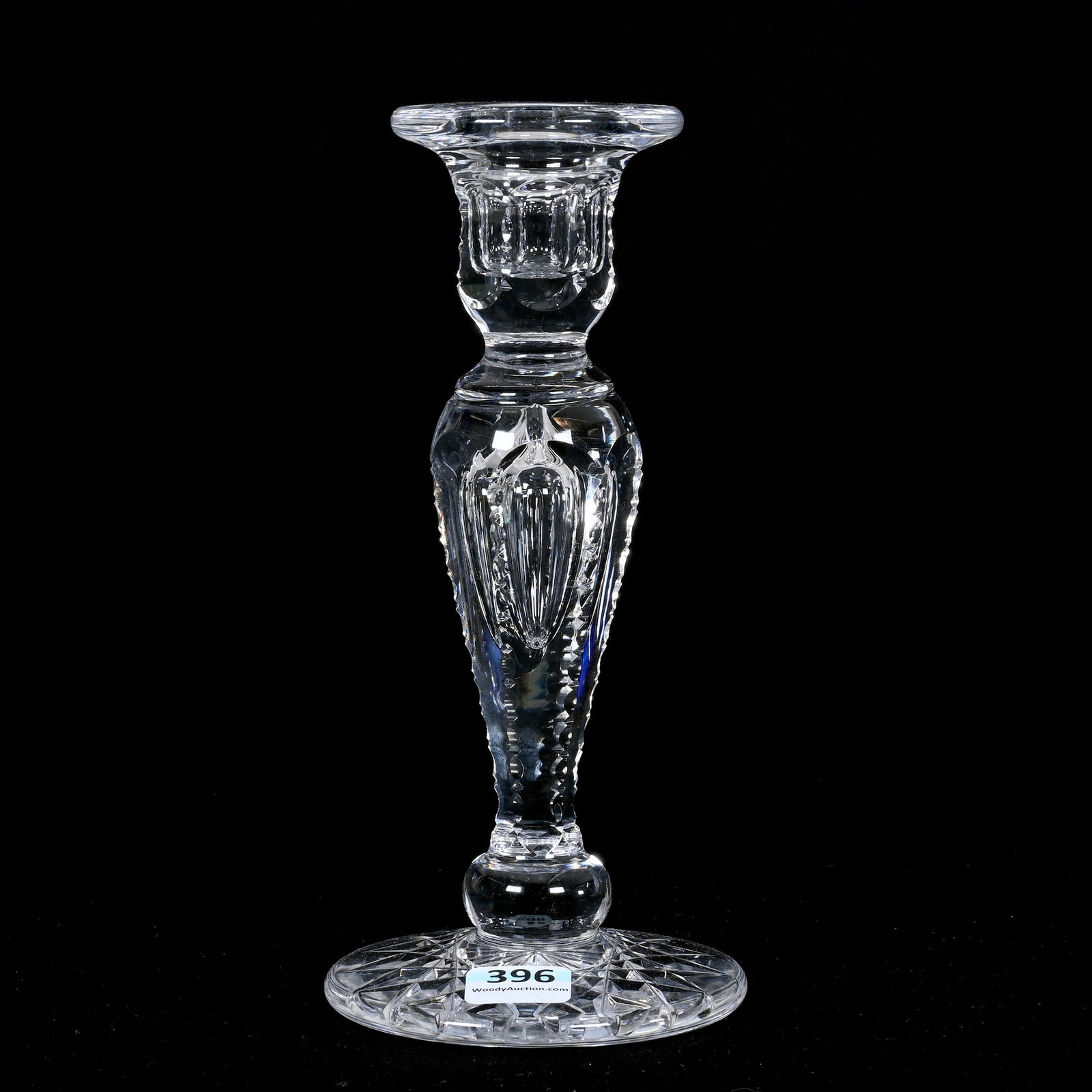 Single Candlestick, American Brilliant Cut Glass: Single Candlestick, American Brilliant Cut Glass, 7.75" x 3.5", Notched Teardrop Stem, Hobstar Foot, Indiana Private Collection.