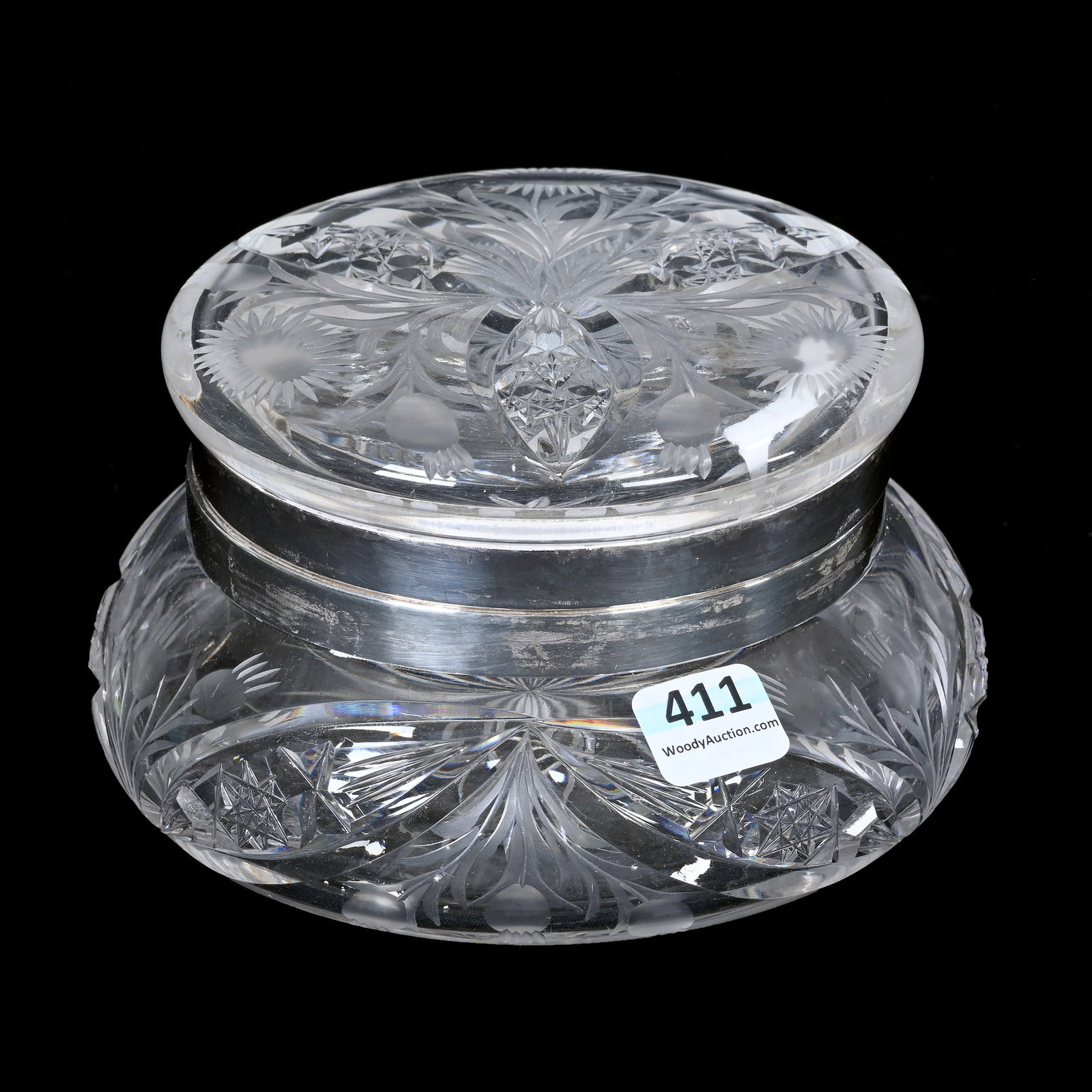 Jewel Box, American Brilliant Cut Glass: Jewel Box, American Brilliant Cut Glass, 3.5" x 6", Engraved Floral With Hobstar Vesica Highlights, Ray Cut Base, Indiana Private Collection.