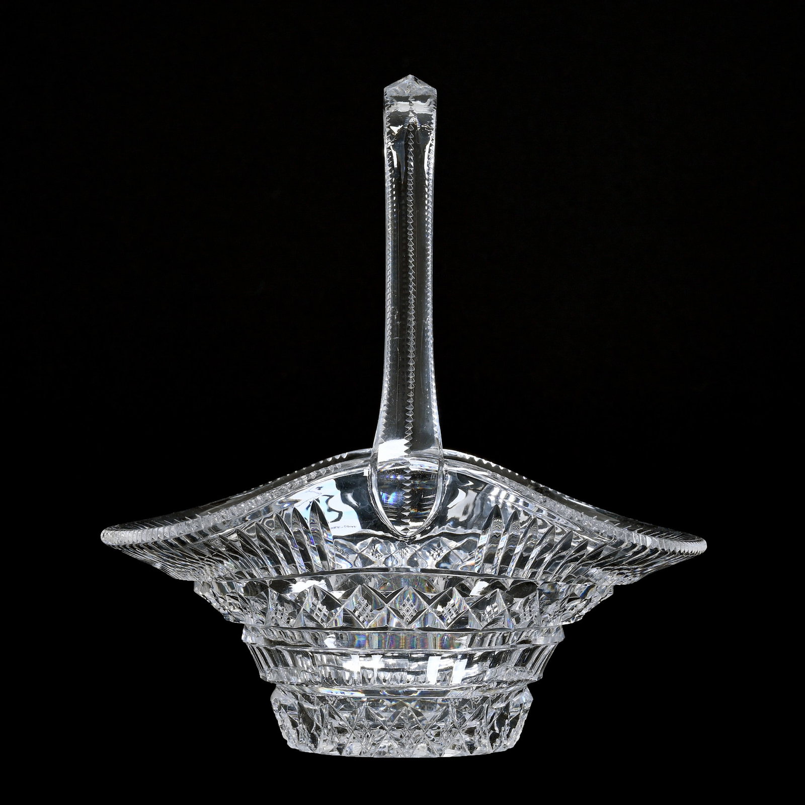 Basket, ABCG, Signed Hawkes: Basket, American Brilliant Cut Glass, Signed Hawkes, 8" x 7.5" x 5.5", Crosscut Diamond And Miter Motif, Hobstar Base, Solid Notched Handle, Clear Blank, Indiana Private Collection.