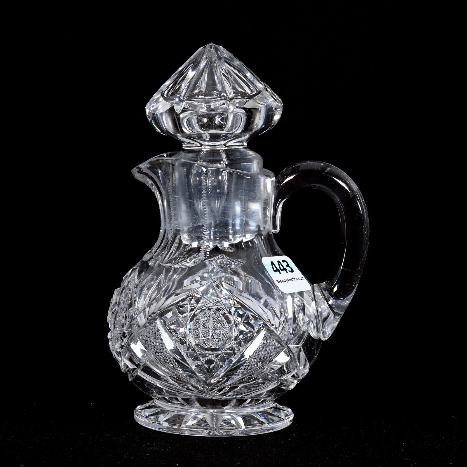 Catsup Bottle, American Brilliant Cut Glass: Catsup Bottle, American Brilliant Cut Glass, 6" x 4", Hobstar, Strawberry Diamond And Fan Motif, Original Stopper, Ray Cut Foot, Indiana Private Collection.