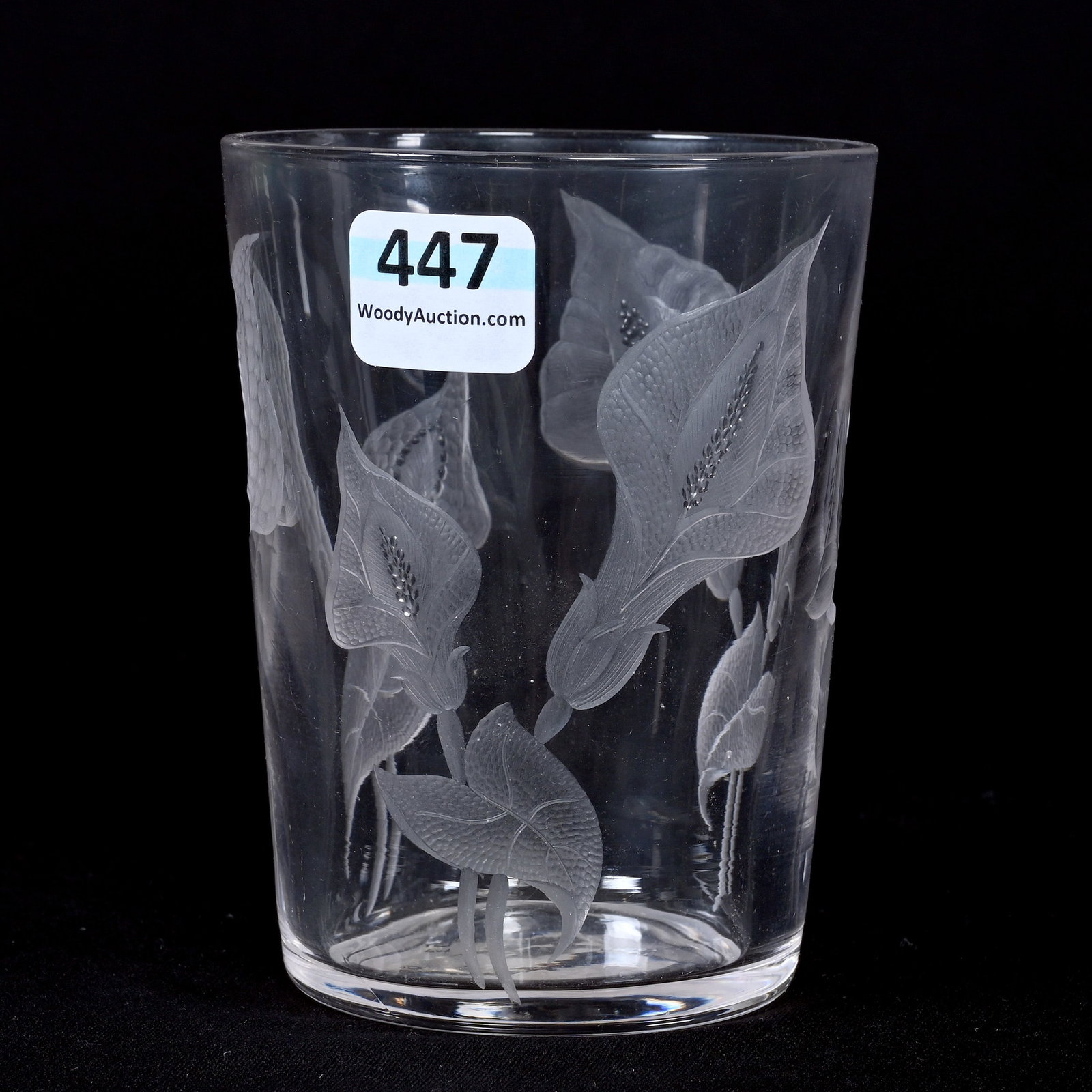 Tumbler, ABCG, Finely Engraved Calla Lily: Tumbler, American Brilliant Cut Glass, Finely Engraved Calla Lily, 4" x 3", Uncut Base, Indiana Private Collection.