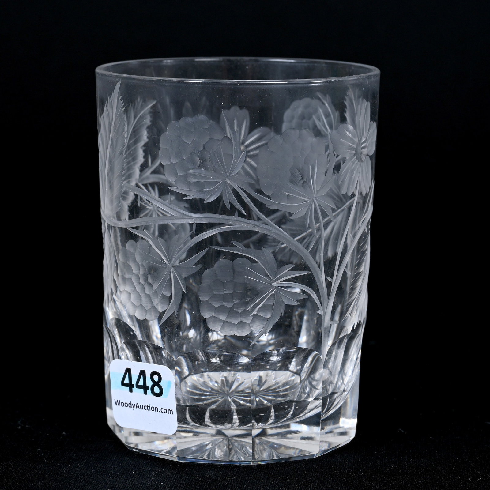 Tumbler, ABCG, Engraved Blackberry Pattern: Tumbler, American Brilliant Cut Glass, Engraved Blackberry Pattern, 3.75" x 2.75", Ray Cut Base, Indiana Private Collection.