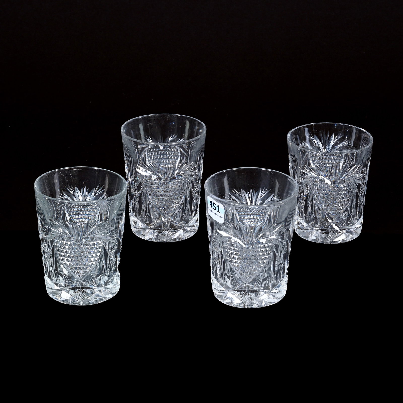 (4) Tumblers, American Brilliant Cut Glass, Heart Pattern: (4) Tumblers, American Brilliant Cut Glass, Heart Pattern, 3.75" x 3" Approximately, All Have Original Rims, But Do Have Height Variations, Two Tumblers Have Pattern Chips, Indiana Private Collection.