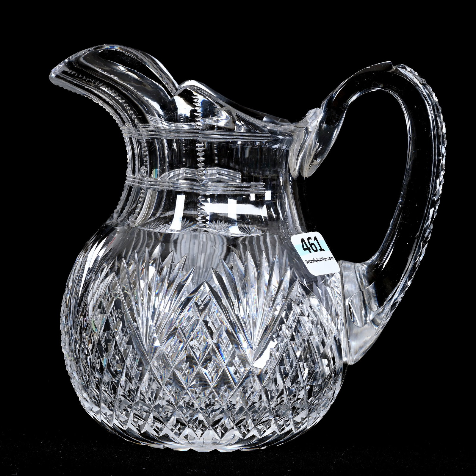Pitcher, American Brilliant Cut Glass: Pitcher, American Brilliant Cut Glass, 5.75" x 6", Crosscut Diamond And Fan Motif, Pattern Cut Handle, Ray Cut Base, Hard To See Rim Bruise, Indiana Private Collection.
