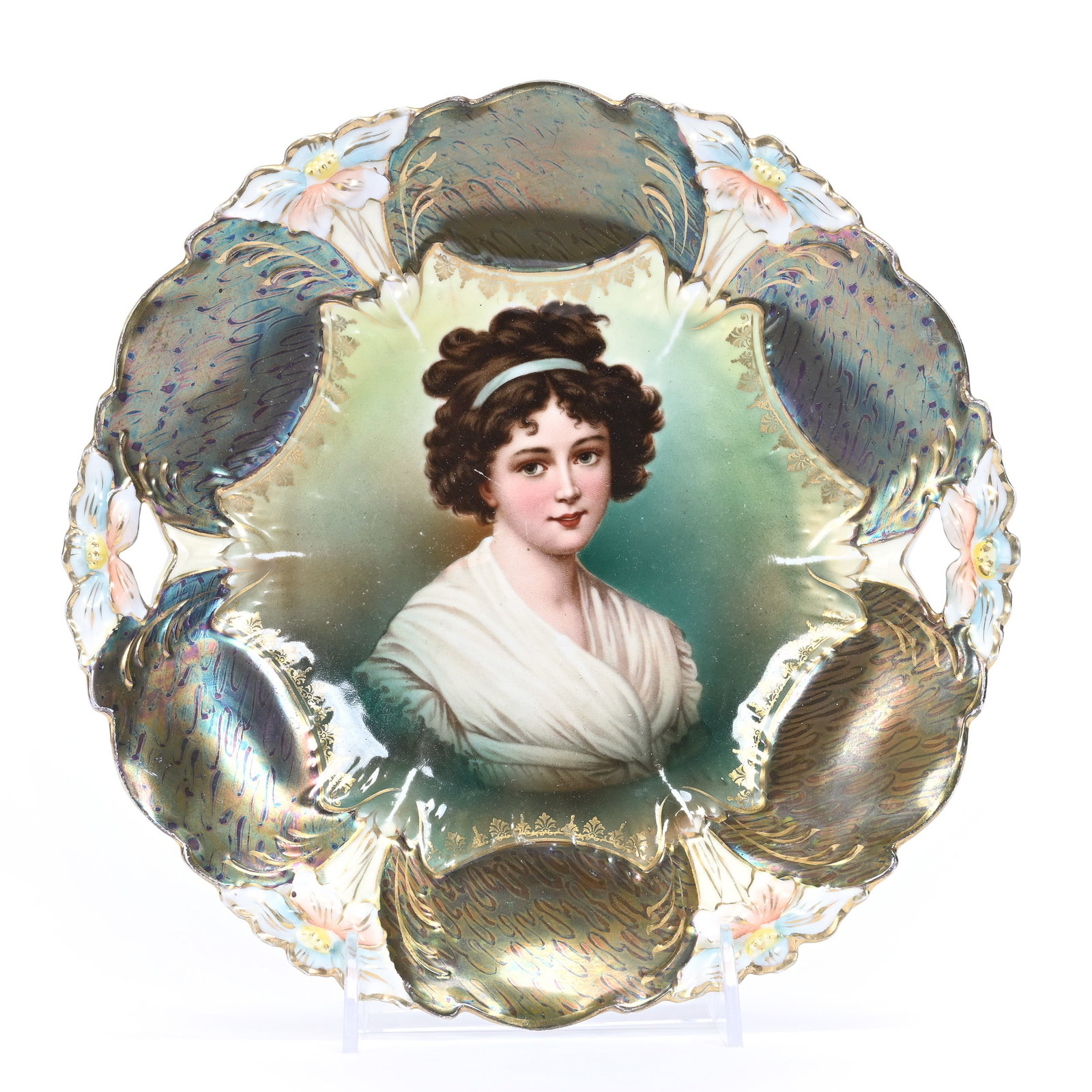 Cake Plate, Unmarked R.S. Prussia, Lebrun W/Ribbon: Cake Plate, Unmarked R.S. Prussia, Lebrun With Ribbon, 9.5", Lily Mold, Green And Yellow Tones, Highly Iridescent Peacock Tiffany Border, Some Light Stacking Wear, Kansas Private Collection.