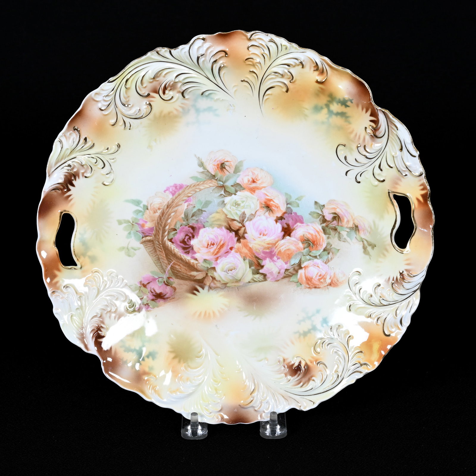 Cake Plate Marked R.S. Prussia, Plume Mold: Cake Plate Marked R.S. Prussia, Plume Mold, 11", Cream And Brown Tones, Spilled Basket Decor, Kansas Private Collection.