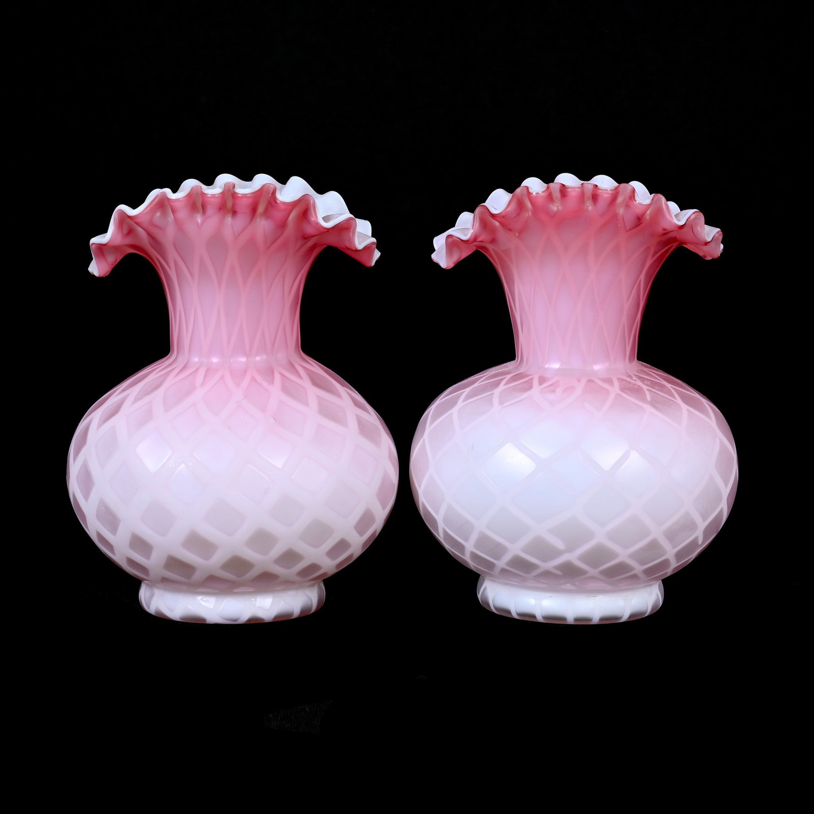Pair Vases, Pink Satin Diamond Quilted MOP: Pair Vases, Pink Satin Diamond Quilted MOP, 5.75" x 4.5", Art Glass, Missouri Private Collection.