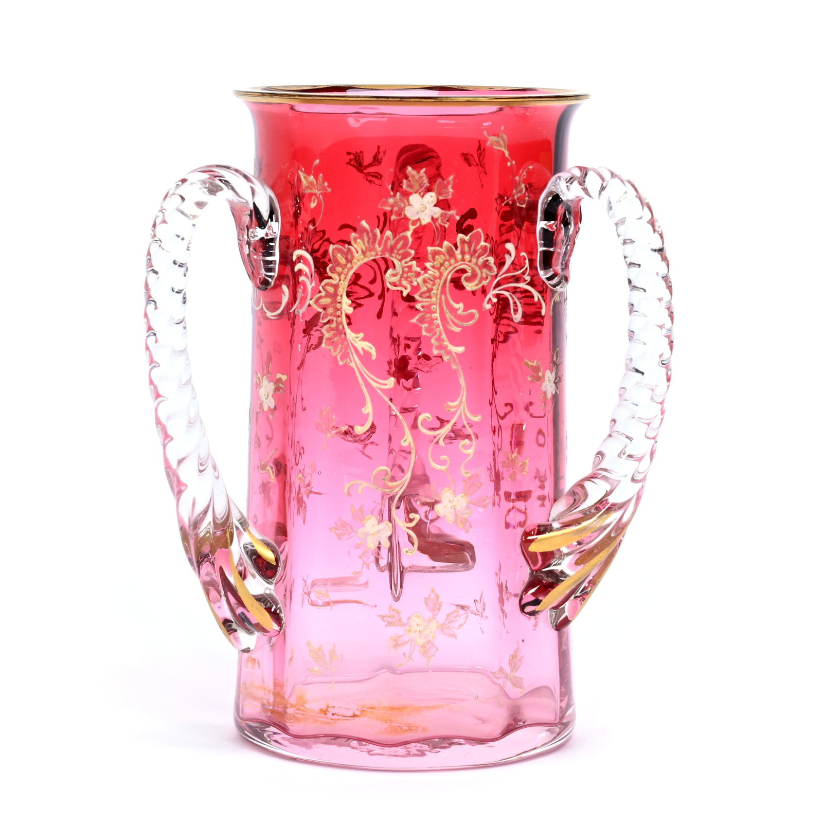 Loving Cup Vase, Rubina Art Glass, Decorated (1 of 3)