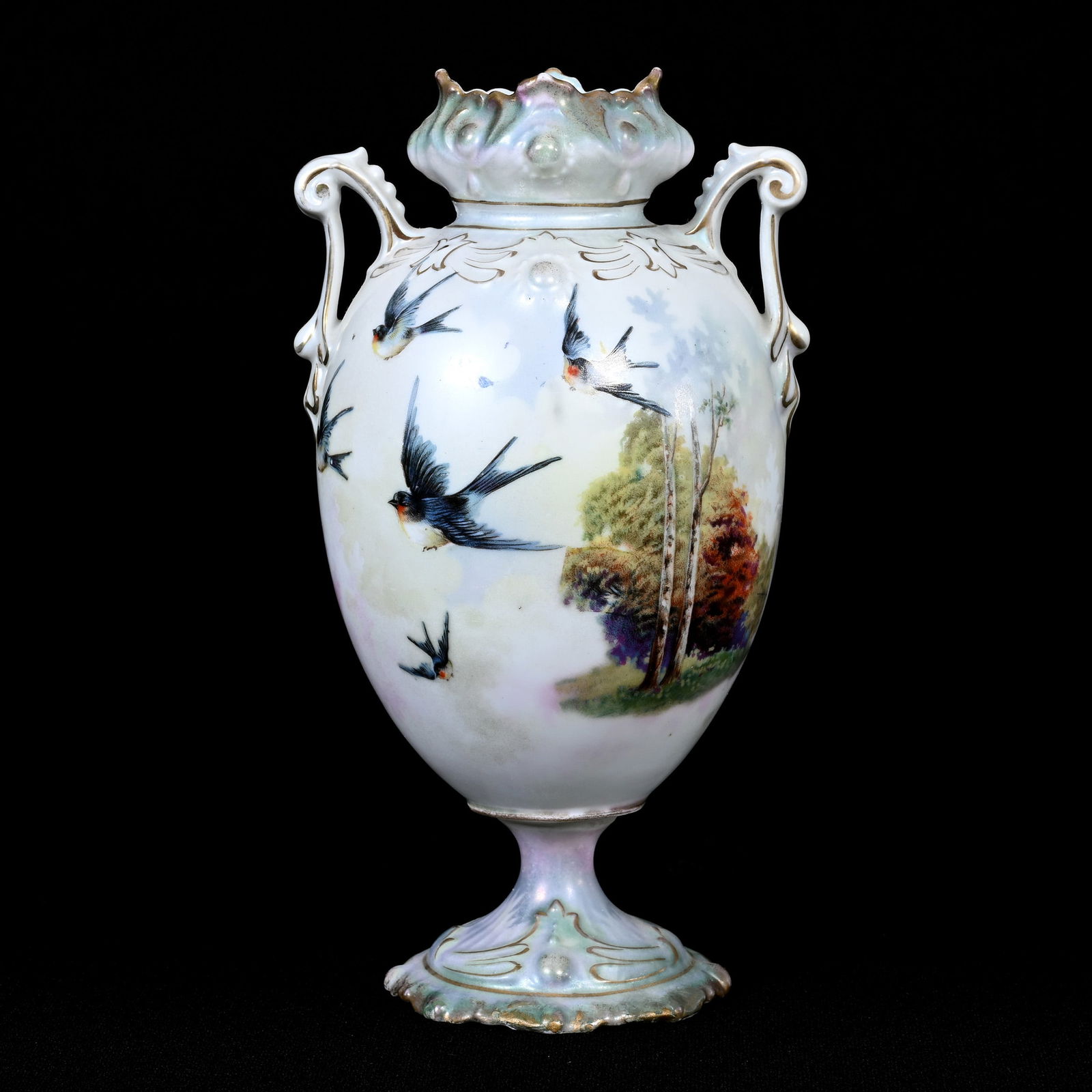 Pedestal Vase, Unmarked Prussia, Bluebird Decor (1 of 3)
