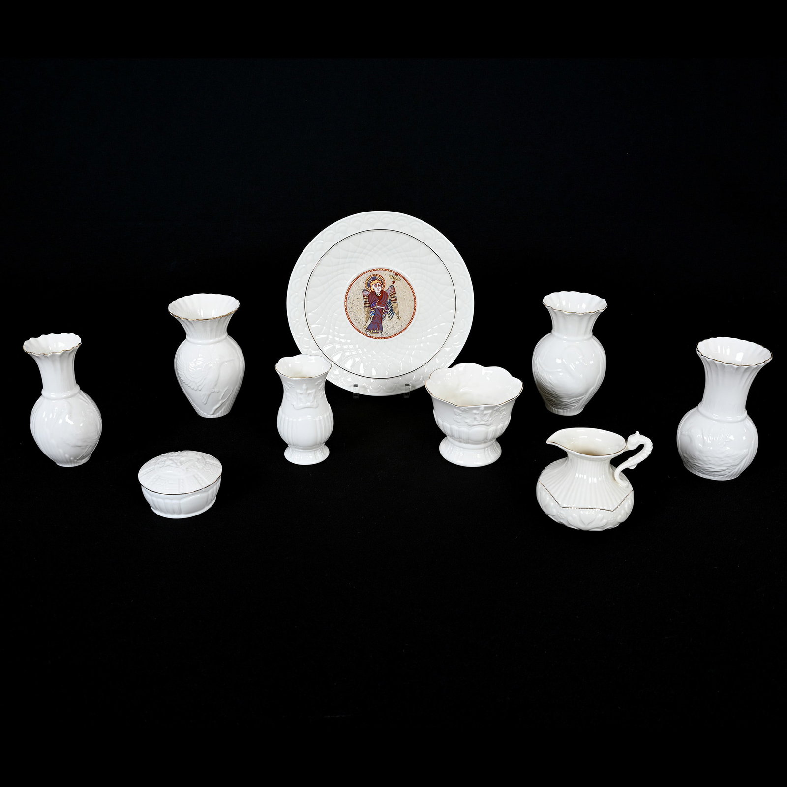 (9) Belleek Collectors Society Items: (9) Belleek Collectors Society Items, (1) 8.75" Plate, First Edition St. Matthew 1979, #1310 Of 7500, (1) 5.25" Swan Vase, (1) 5.25" Mallard Vase, (1) 5.25" Crane Vase, (1) 5.25" Hummingbird Vase, (1)