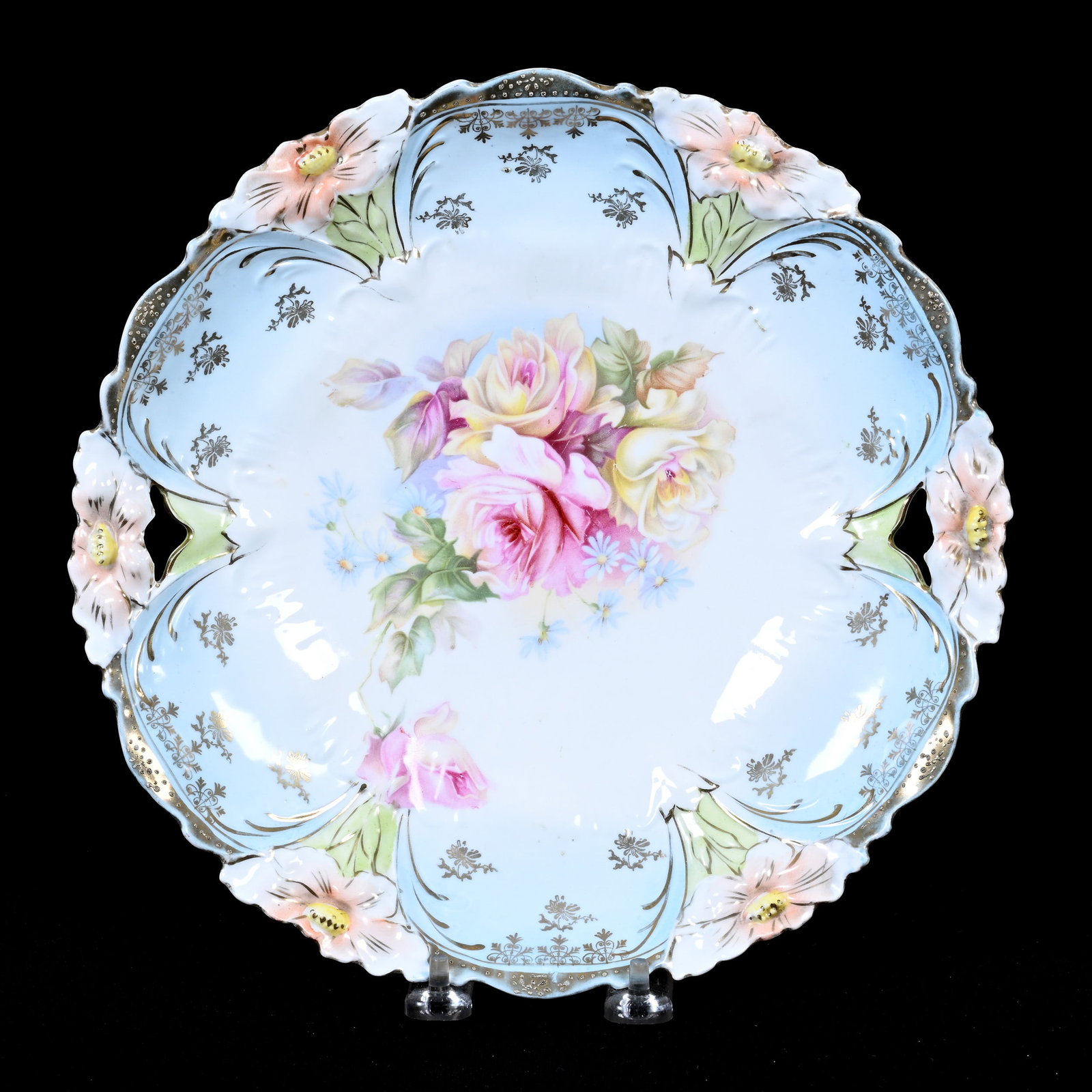 Cake Plate, Unmarked R.S. Prussia, Lily Mold: Cake Plate, Unmarked R.S. Prussia, Lily Mold, 10.5", Blue And White Tones, Pink Floral Decor, Kansas Private Collection.