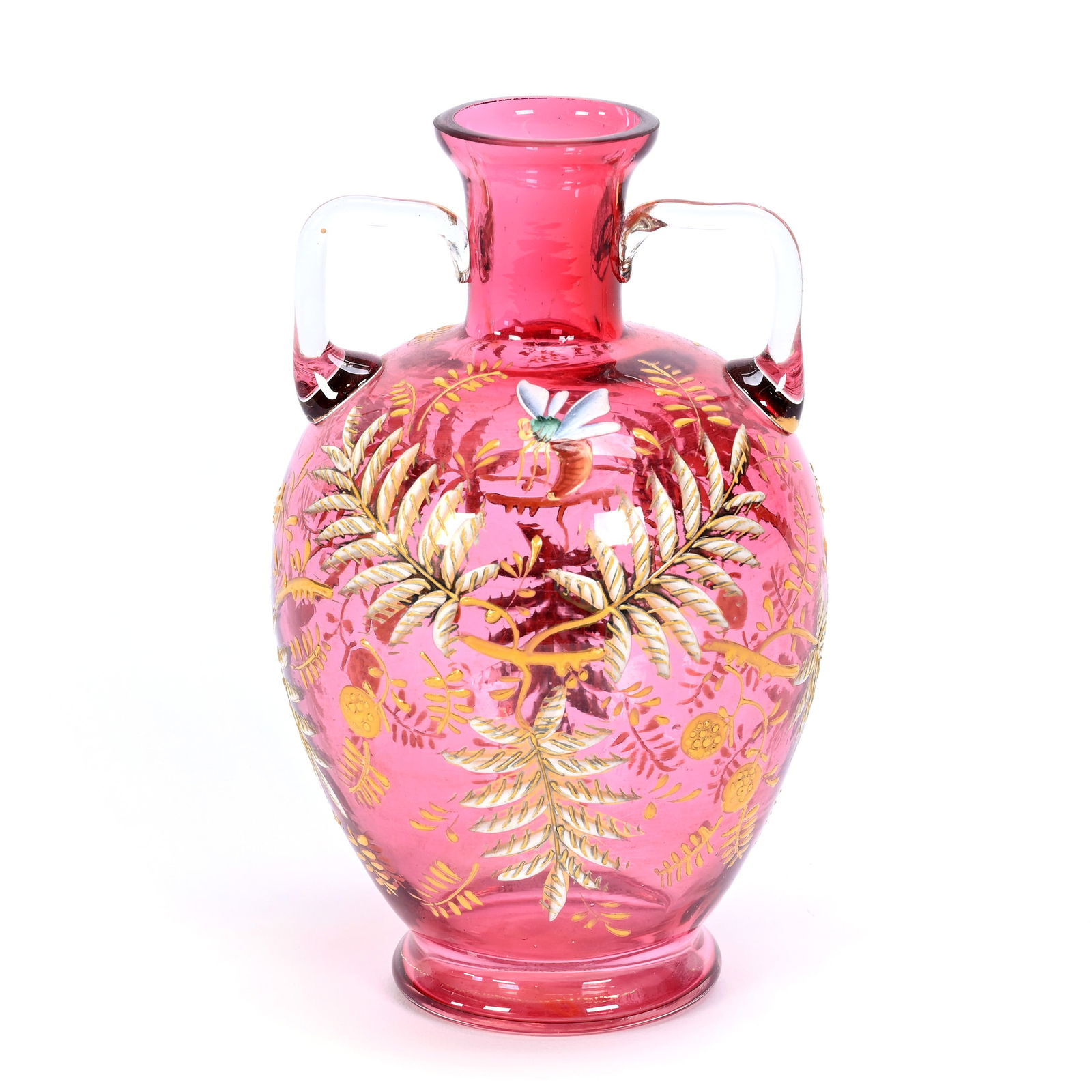 Vase, Two Handles, Unmarked Moser Cranberry Art Glass (1 of 3)
