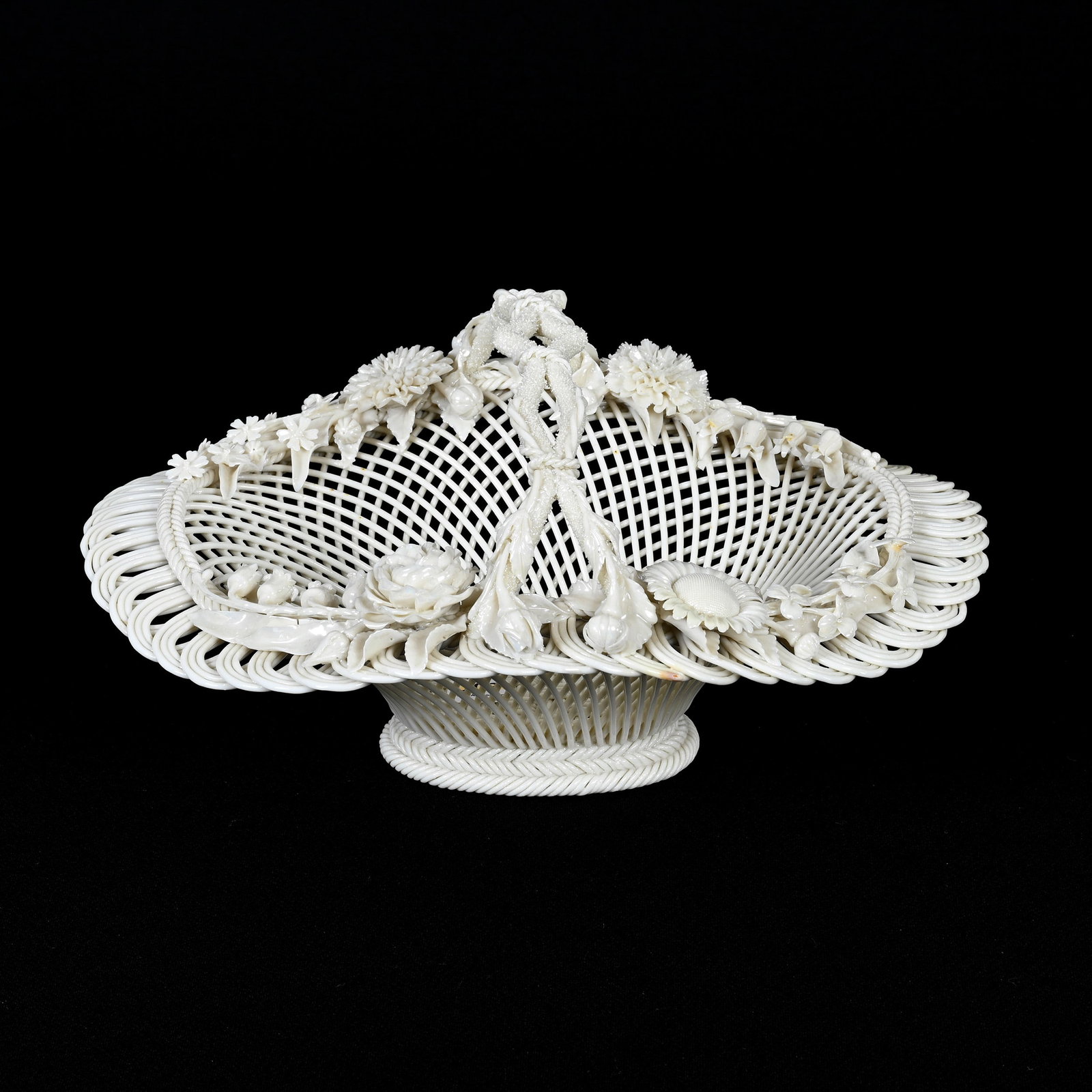 Basket, Irish Belleek, Four Strand, One Pad Mark: Basket, Irish Belleek, Four Strand, One Pad Mark, 6.75" x 12.75" x 10.75", Elaborate Floral Rim, Professional Rim Repair, Collection Of The Late Tom And Mildred Jacks.