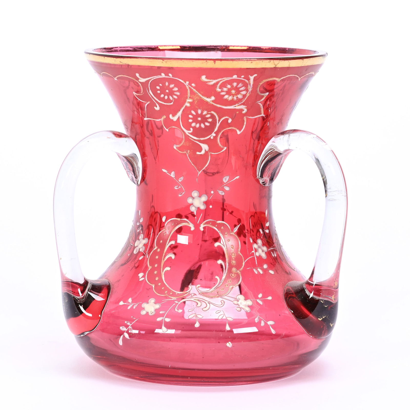 Loving Cup, Three Handles, Cranberry Art Glass (1 of 3)