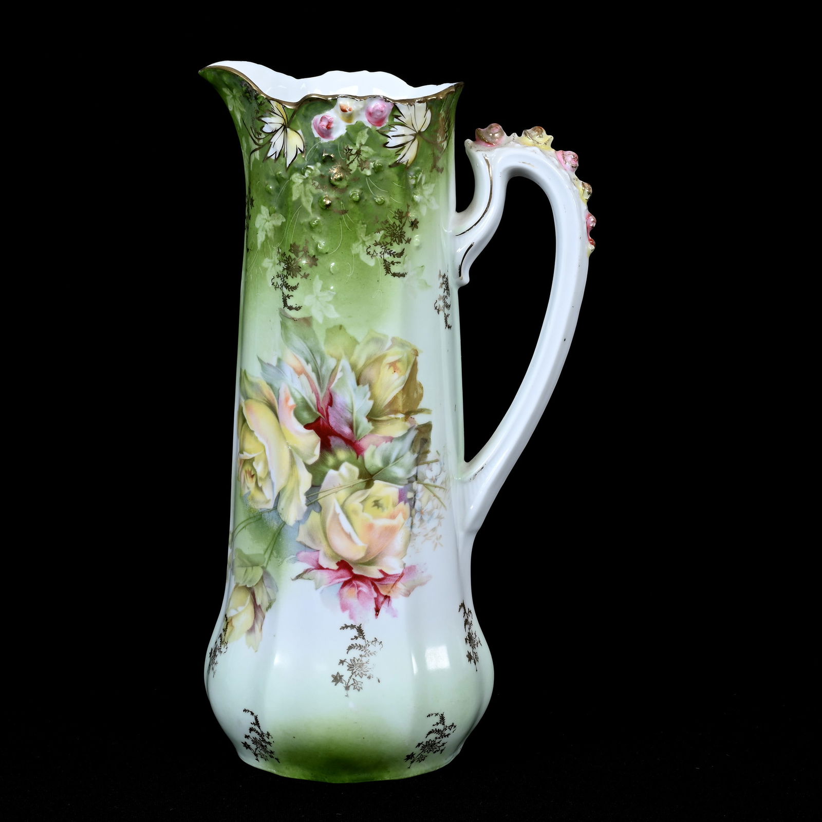 Tankard, Unmarked R.S. Prussia, Rosebud Mold: Tankard, Unmarked R.S. Prussia, Rosebud Mold, 11.5" x 6.5", Green And White Tones, Yellow Rose Decor, Kansas Private Collection.