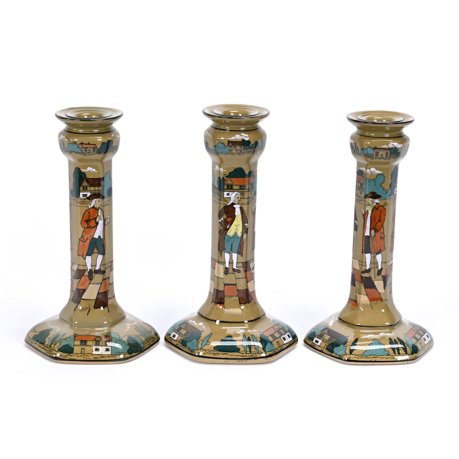 (3) Candlesticks, Deldare Buffalo Pottery Dated 1909 (1 of 4)