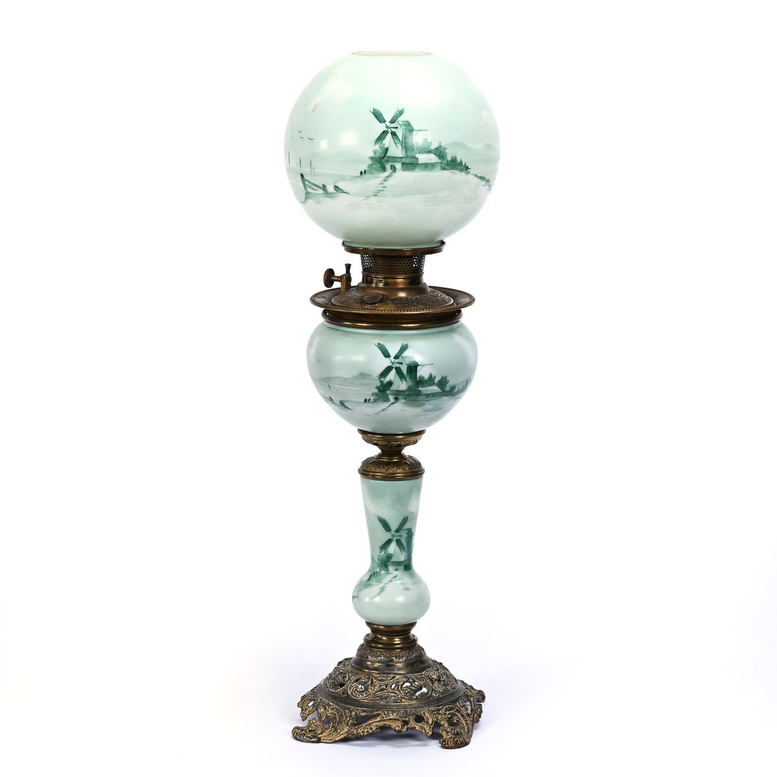 Banquet Lamp, Kerosene, Green "Delft" Style (1 of 3)