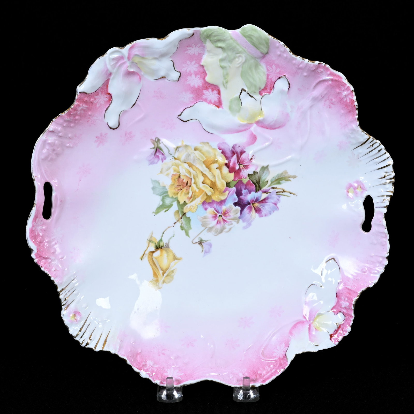 Cake Plate, Unmarked R.S. Prussia, Hidden Image Mold: Cake Plate, Unmarked R.S. Prussia, Hidden Image Mold, 10.5", Pink And White Tones, Floral Decor, Rim Chip, Kansas Private Collection.