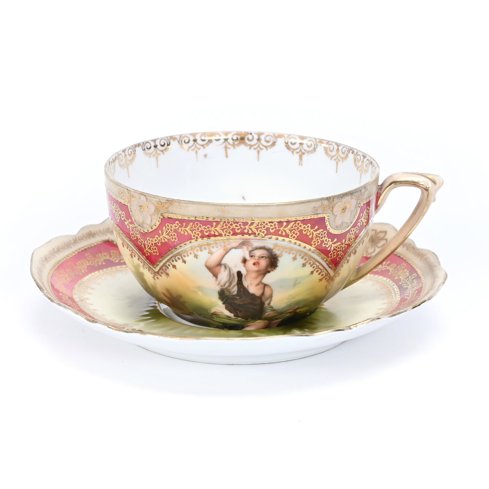 Coffee Cup/Saucer Marked R.S. Prussia: Coffee Cup/Saucer Marked R.S. Prussia, 2.25" x 5.75", Red And Cream Border, Melon Eater Decor, Nice Gold Stencil Highlights, Tennessee Private Collection.
