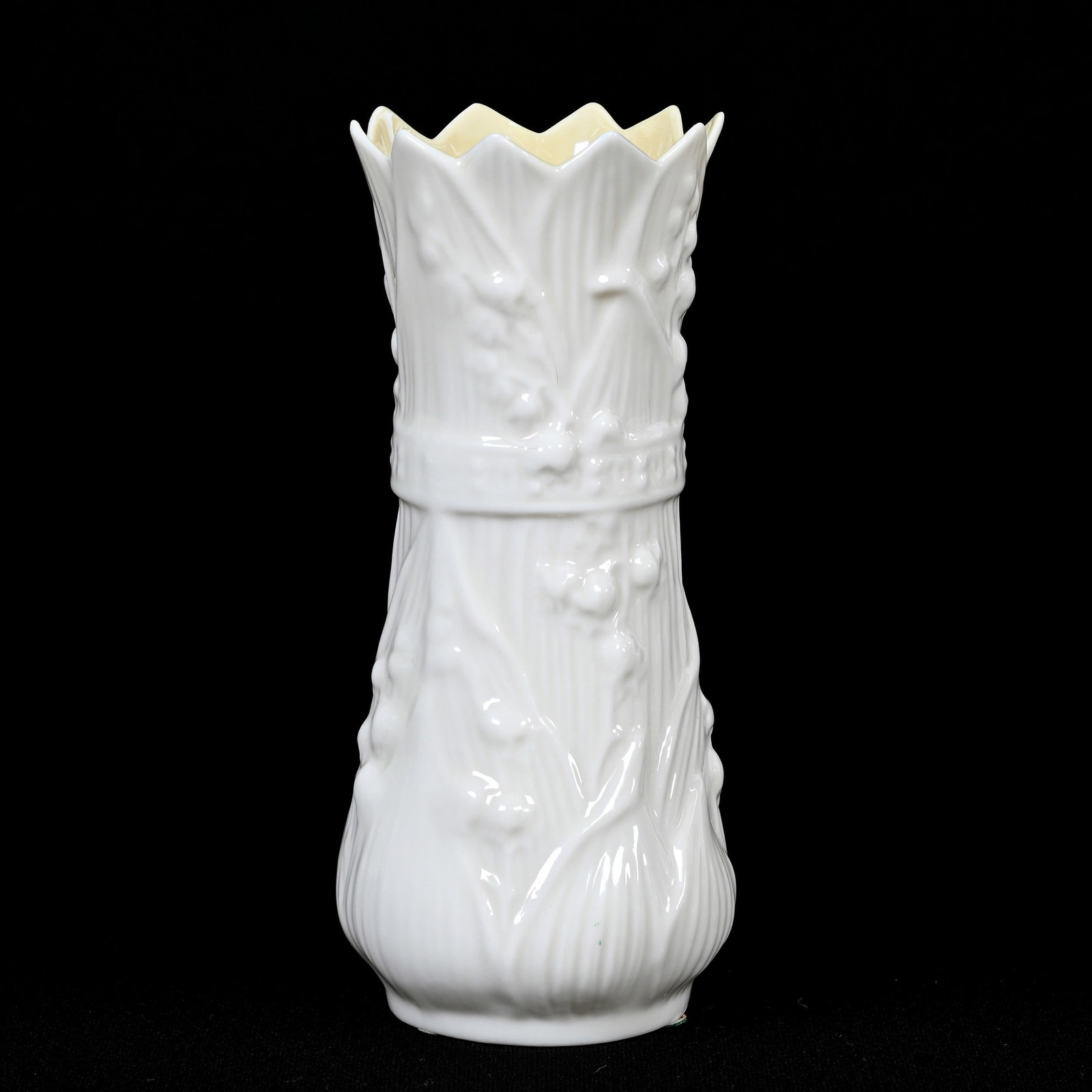 Vase, Irish Belleek, Green Fifth Mark: Vase, Irish Belleek, Green Fifth Mark, 6.25" x 3", 1955-1965, Embossed Lily Of Valley Design, Collection Of The Late Tom And Mildred Jacks.