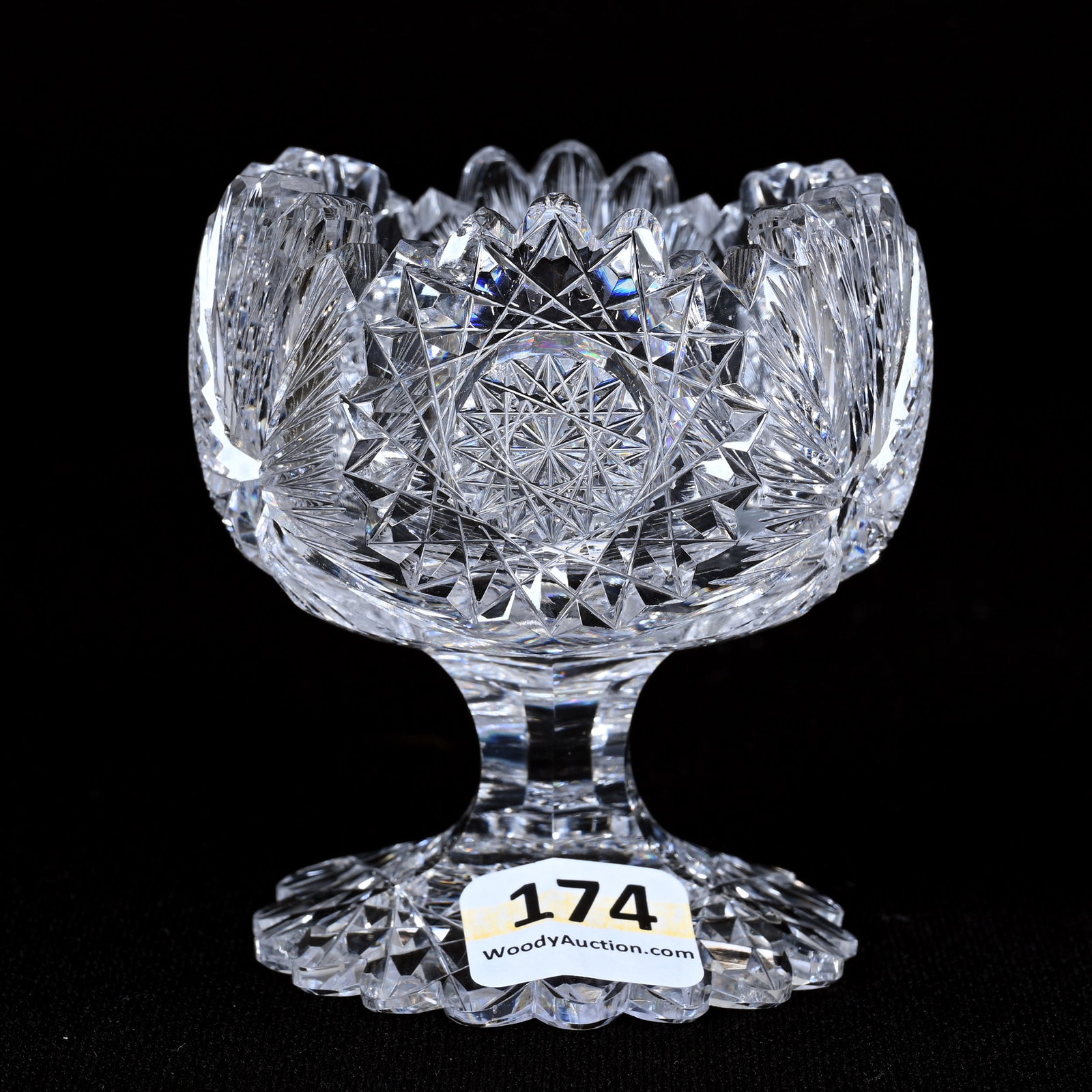 Pedestal Master Salt Dip, ABCG, Signed Libbey: Pedestal Master Salt Dip, American Brilliant Cut Glass, Signed Libbey, 3" x 2.75", Mary Pattern, Scalloped Petticoat Hobstar Foot, One Tooth With Side Chip, Ware Collection, Illinois.