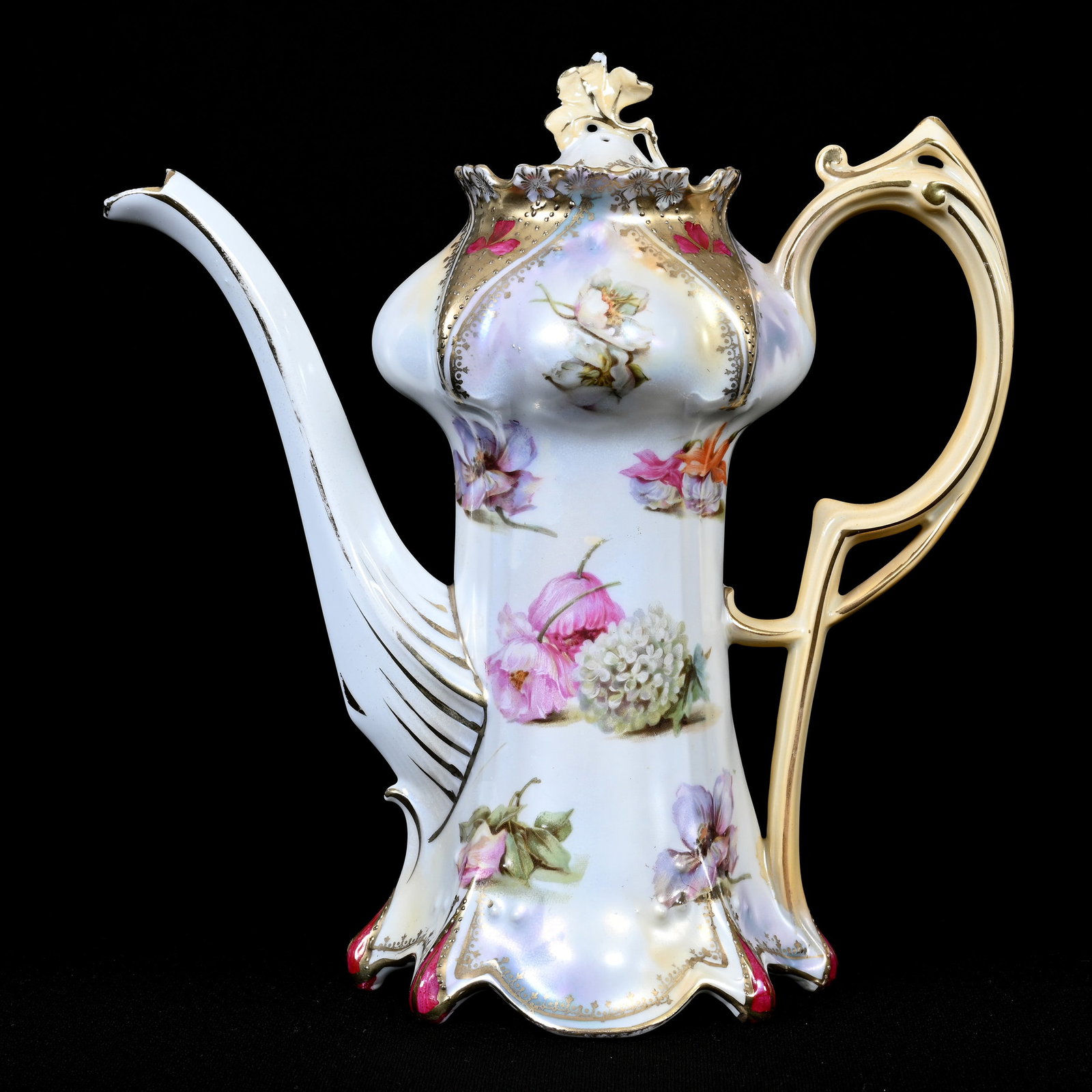 Demitasse Pot Marked R.S. Prussia, Point & Clover Mold: Demitasse Pot Marked R.S. Prussia, Point And Clover Mold, 9" x 8.75", White And Lavender Satin Finish, Scattered Floral Decor, Red And Gold Highlights, Inside Rim Chip On Pot, Minor Surface Flake On F