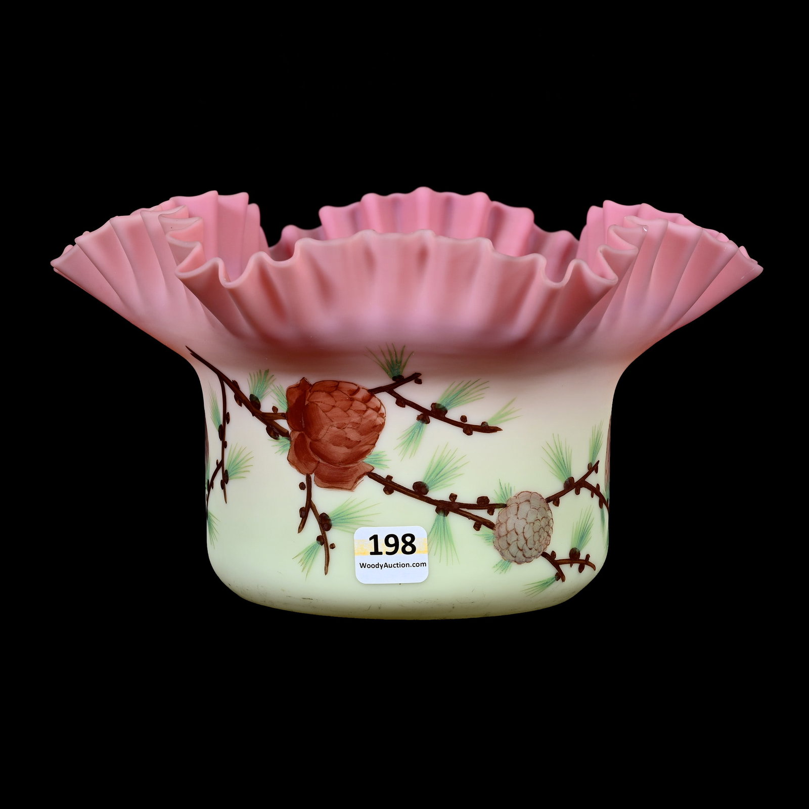 Light Shade, Decorated Burmese Art Glass: Light Shade, Decorated Burmese Art Glass, 5" x 9", Pinecone Decor, Ruffled Rim, Fitter Rim Diameter Of 4.125", Estate Of Jerry House.