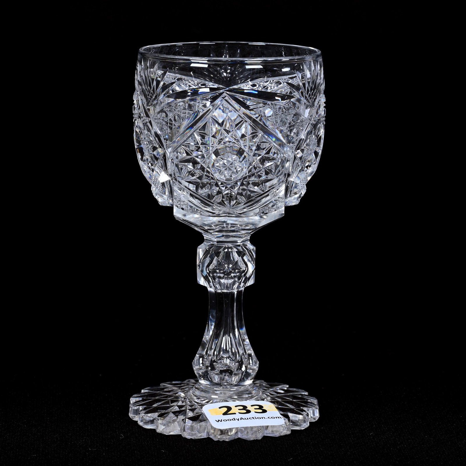 Wine Stem, American Brilliant Cut Glass: Wine Stem, American Brilliant Cut Glass, 4.5" x 2.25", Well Cut Hobstar, Vesica, Cane, Strawberry Diamond And Fan Motif, Scalloped Hobstar Foot, Ware Collection, Illinois.