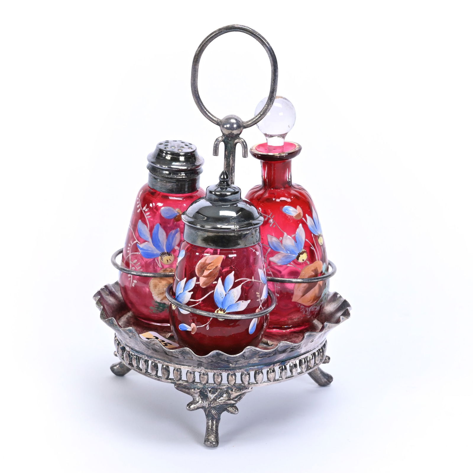 Condiment Set, Three Cranberry Art Glass Bottles (1 of 4)