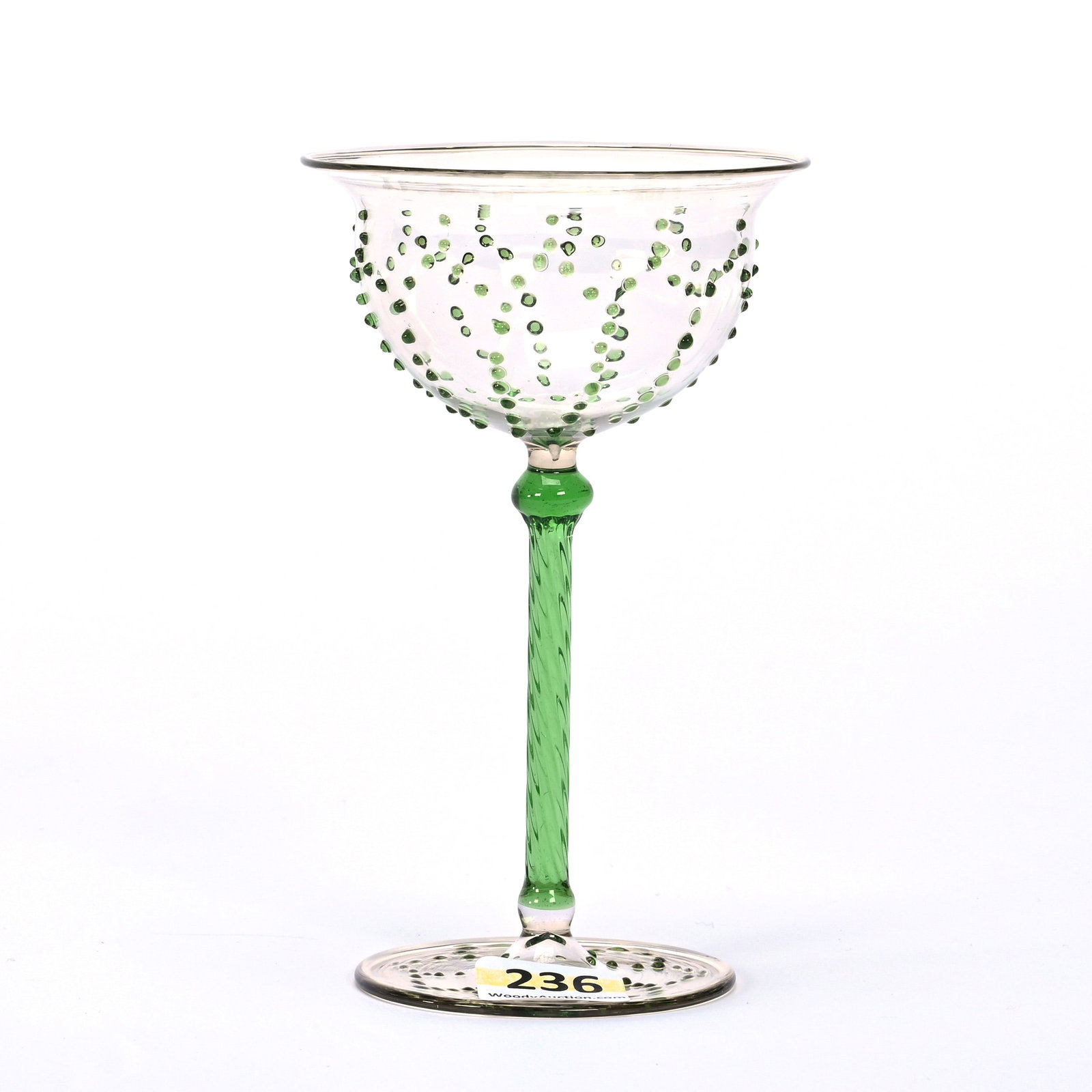 Wine Stem, Bimini Art Glass: Wine Stem, Bimini Art Glass, 5" x 3", Light Smoke Bowl And Foot, Green Glass Tapestry Highlights, Green Twist Stem, Ware Collection, Illinois.
