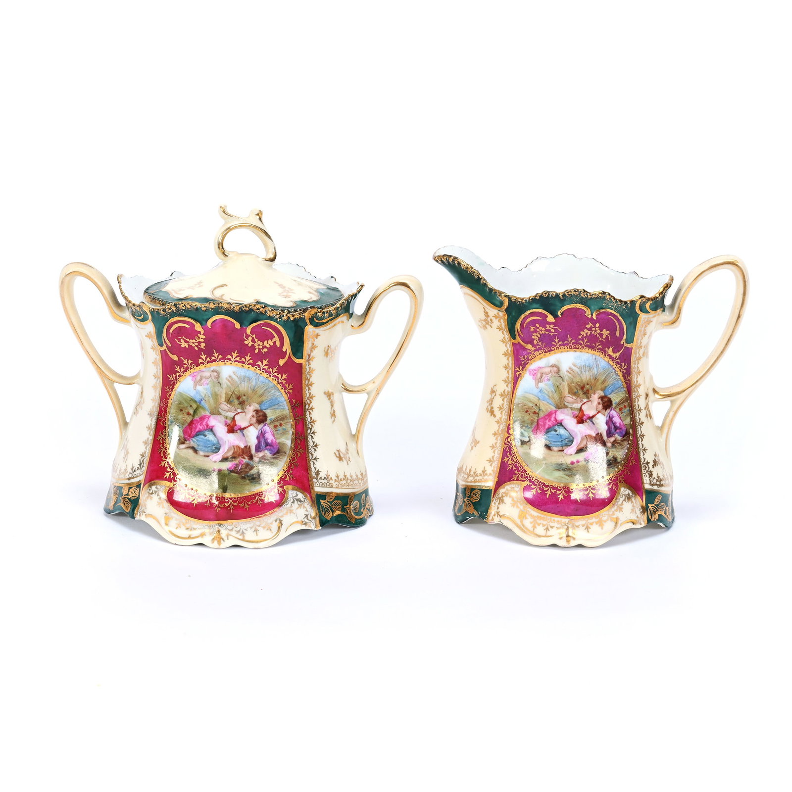 Creamer & Sugar Set Marked R.S. Suhl: Creamer And Sugar Set Marked R.S. Suhl, 4.75" x 5.25", Classic Courting Scene Medallion, Cream, Green And Red Tones, Gold Stencil Highlights, Finial Crack On Sugar Lid, Tennessee Private Collection.