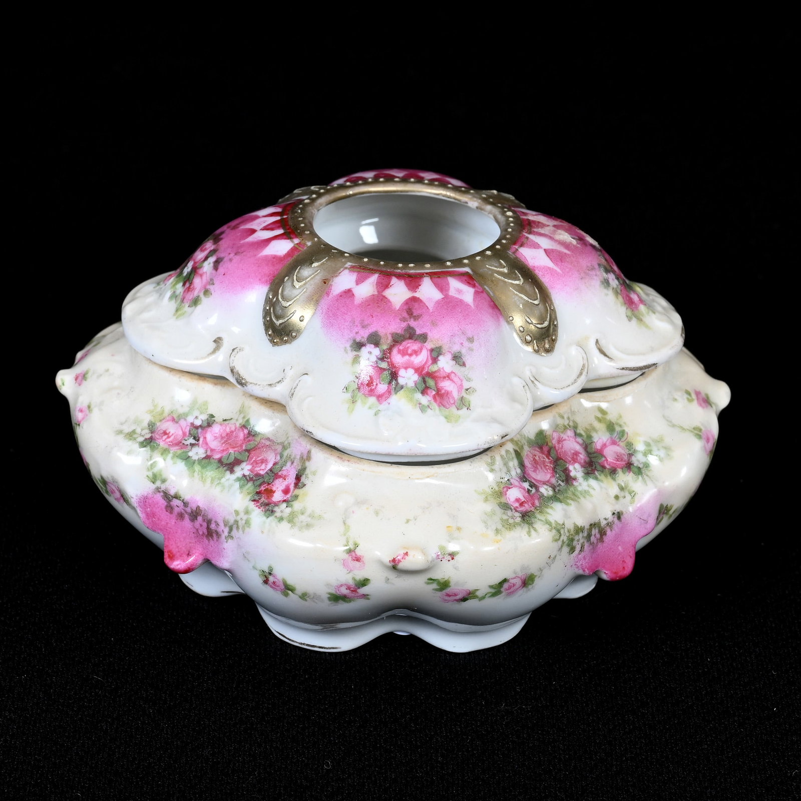 Hair Receiver Marked R.S. Prussia: Hair Receiver Marked R.S. Prussia, 2.5" x 4", Pink, Cream And White With Rose Decor, Tennessee Private Collection.