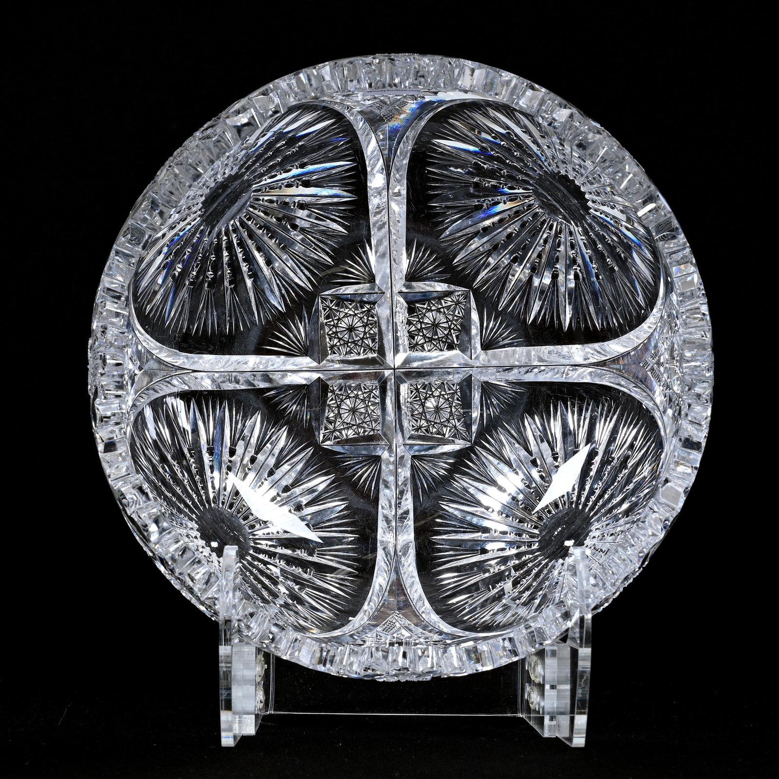 Bowl, American Brilliant Cut Glass: Bowl, American Brilliant Cut Glass, 4.5" x 9", Four Sections Of Hobstar, Sunburst, Vesica And Fan Motif, Three Tooth Chips, Ware Collection, Illinois.
