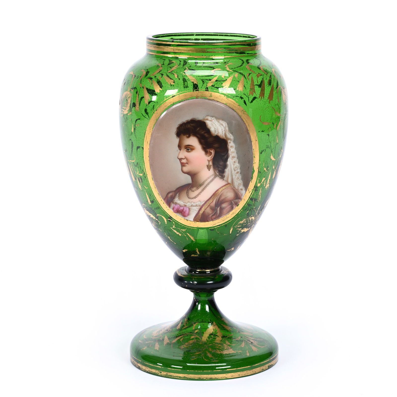 Pedestal Vase, Emerald Green Bohemian Art Glass (1 of 4)