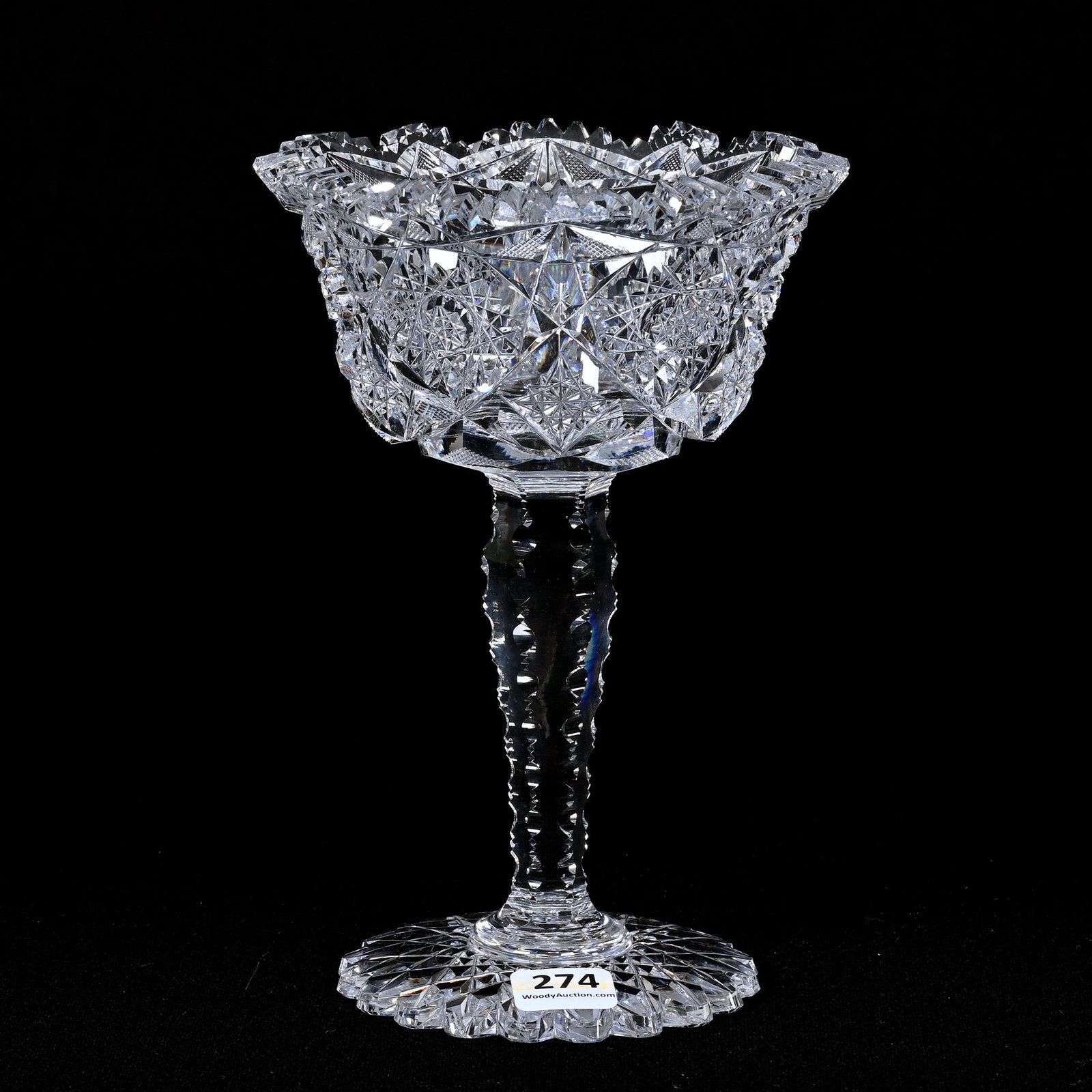 Jelly Compote, American Brilliant Cut Glass: Jelly Compote, American Brilliant Cut Glass, 7.5" x 5", Hobstar, Strawberry Diamond, Star And Fan Motif, Surprisingly Heavy Blank, Solid Notched Stem, Scalloped Hobstar Foot, Two Tooth Chips, Ware Col
