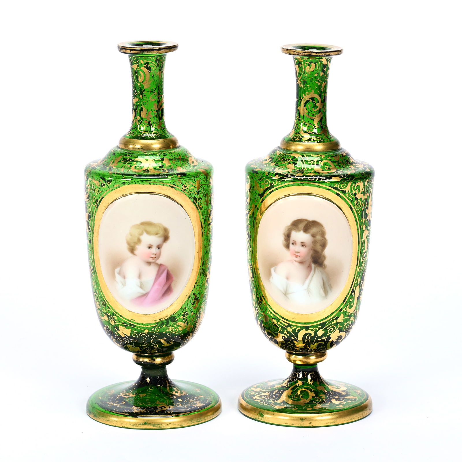 Pair Pedestal Vases, Emerald Green Bohemian (1 of 3)