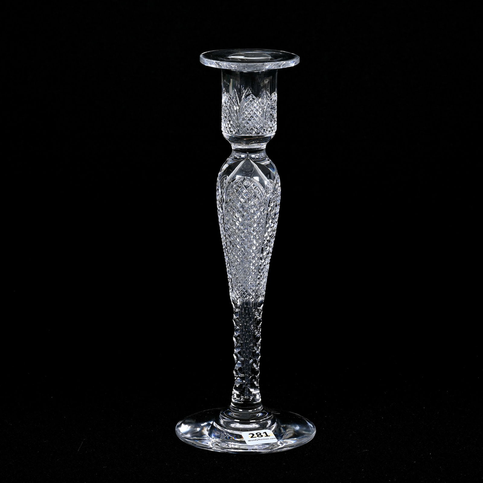 Single Candlestick, American Brilliant Cut Glass: Single Candlestick, American Brilliant Cut Glass, 10.5" x 4", Diamond Cut Panels, St. Louis Diamond Cut Stem, Polished Pontil Foot, Ware Collection, Illinois.