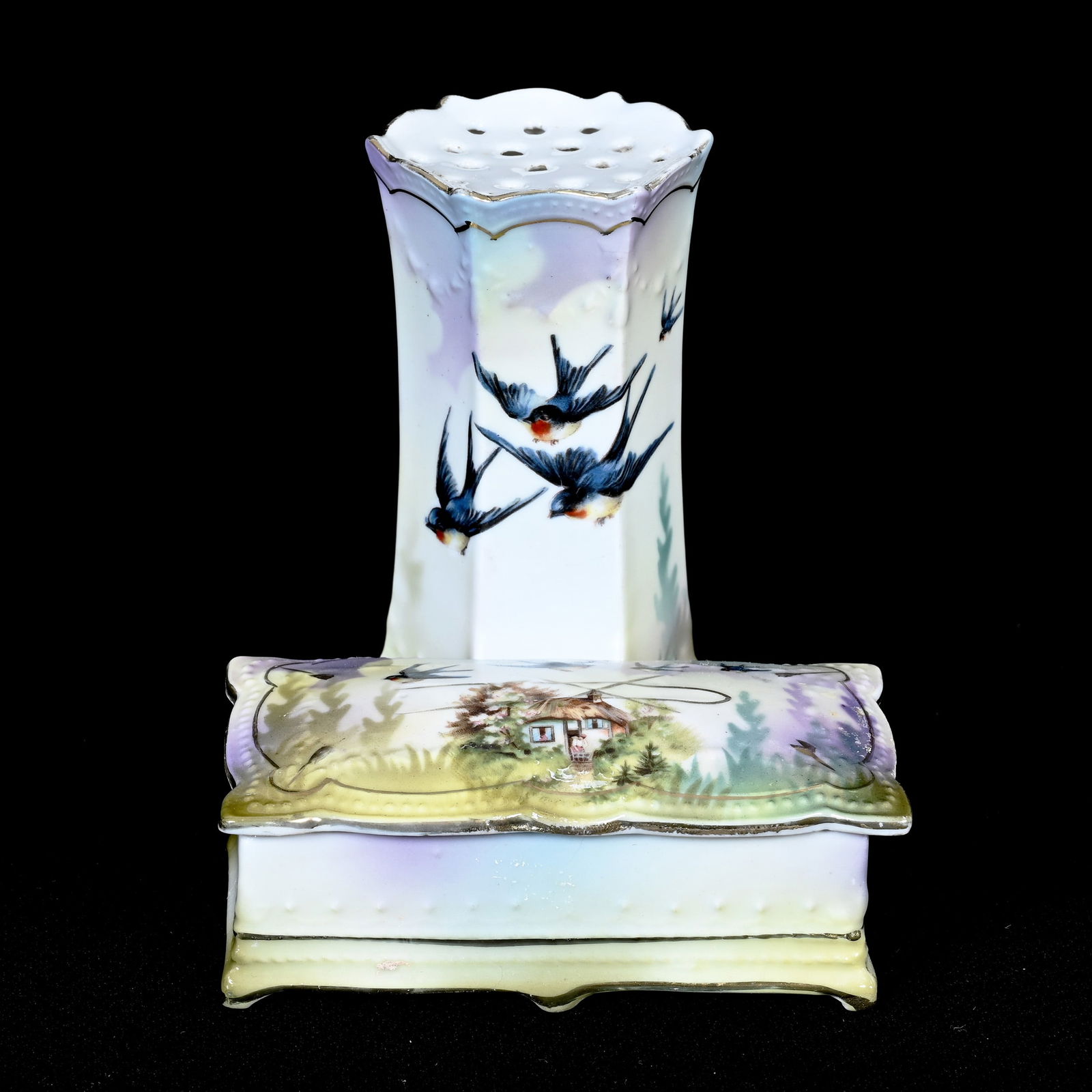 Hatpin Holder/Attached Pin Box Marked R.S. Prussia (1 of 6)