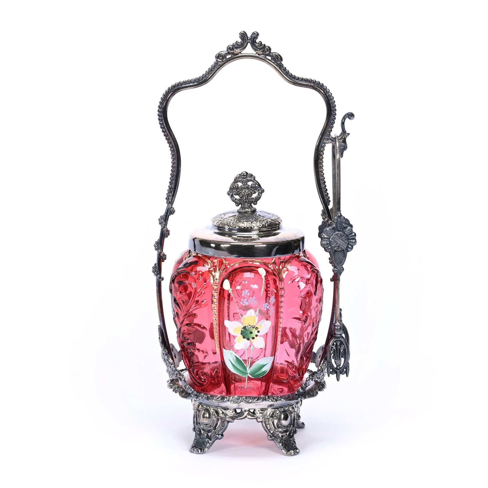 Victorian Pickle Castor, Cranberry Art Glass Insert: Victorian Pickle Castor, Cranberry Art Glass Insert, 10.75" x 5", Enamel Floral Decor, Melon Ribbed, Set On #174 Silverplate Frame, Rim Chip, Estate Of Jerry House.